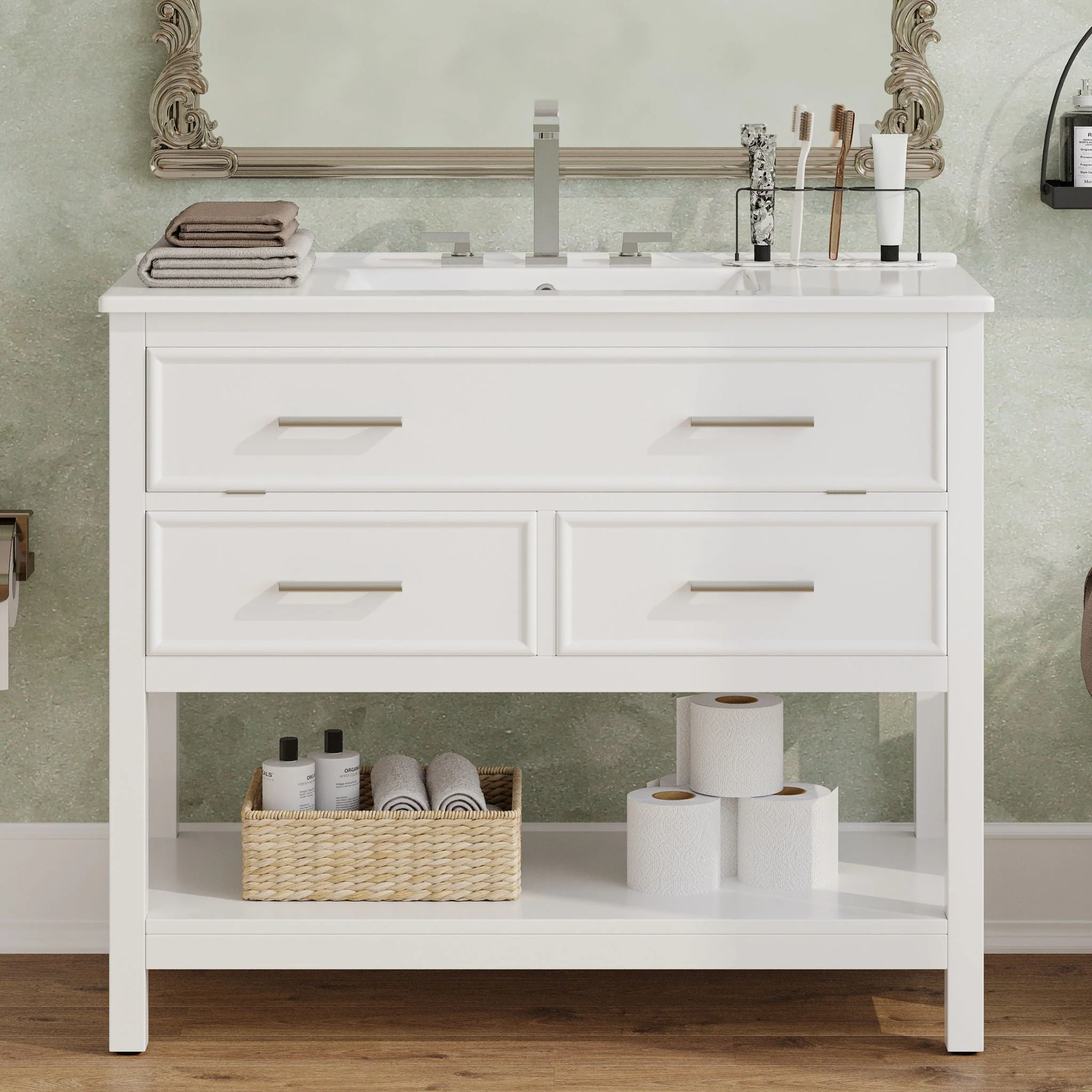 Bathroom Vanity With Ceramic Sink, Tip Out Tray & 2 Full Extension Drawers - Image 9