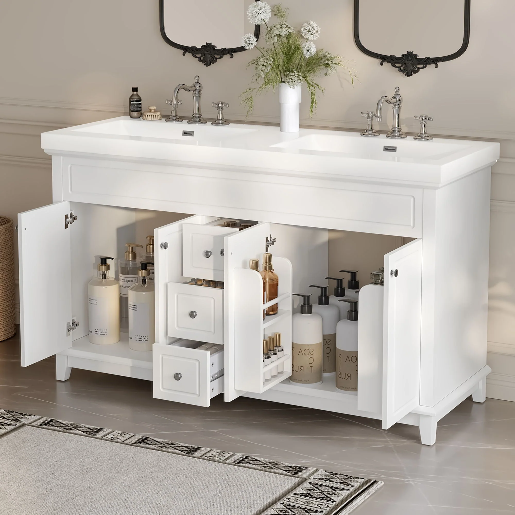 Bathroom Vanity With Double Sinks, 3 Drawers & 4 Doors, Soft Close, All Open Back Design - White - Image 3