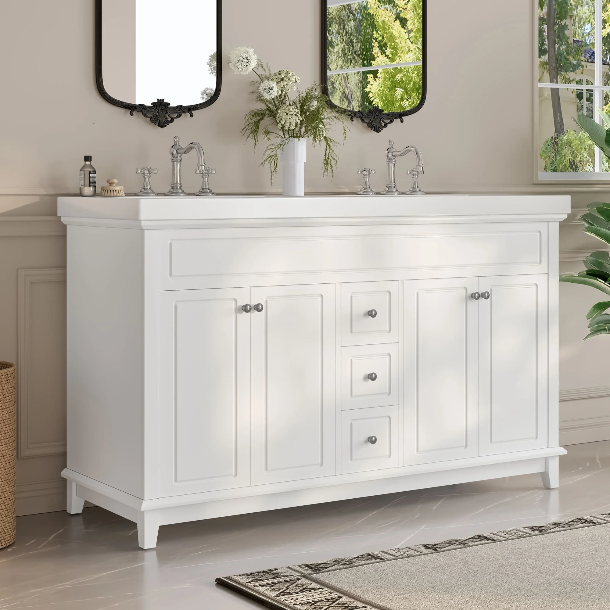Bathroom Vanity With Double Sinks, 3 Drawers & 4 Doors, Soft Close, All Open Back Design - White - Image 4