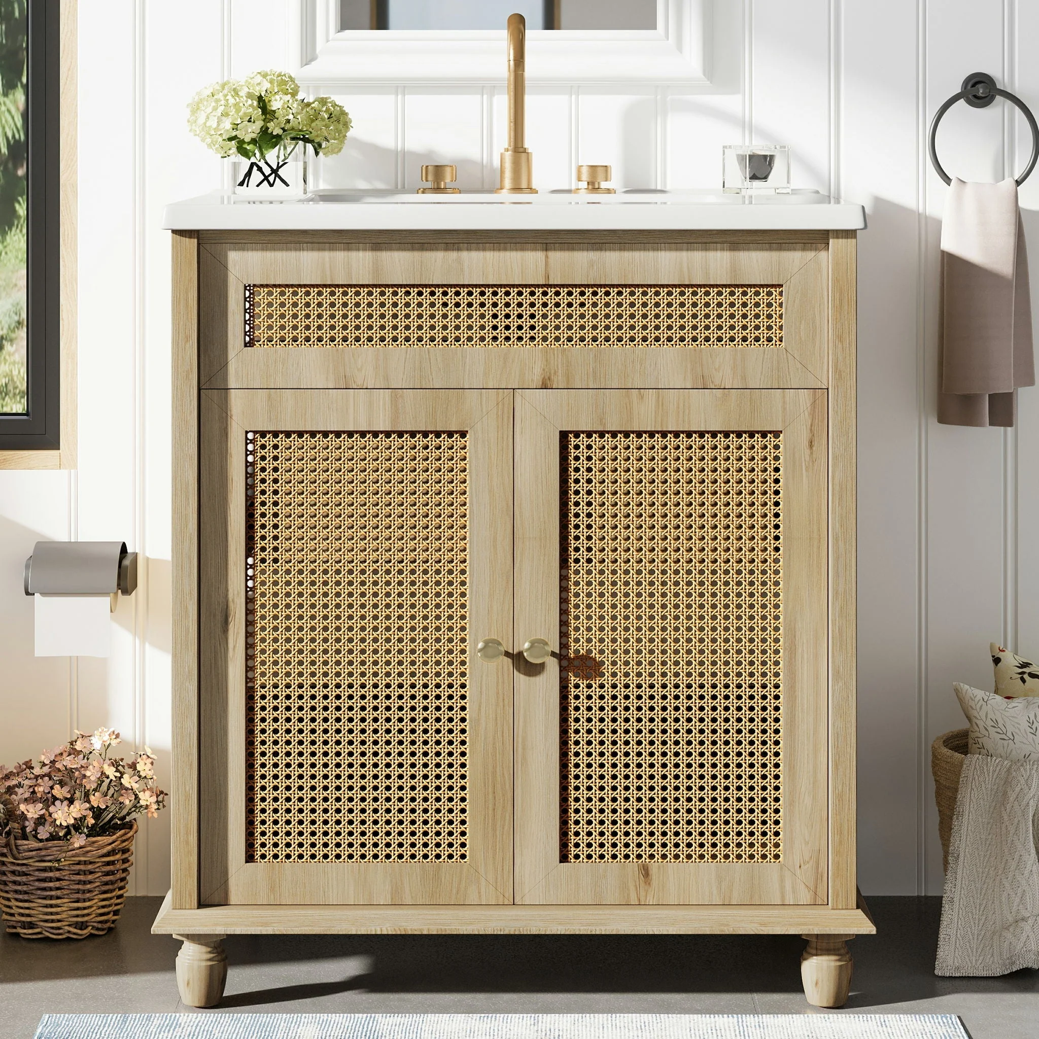 Bathroom Vanity With Handwoven Rattan Doors, Resin Basin - Natural Wood - Image 2