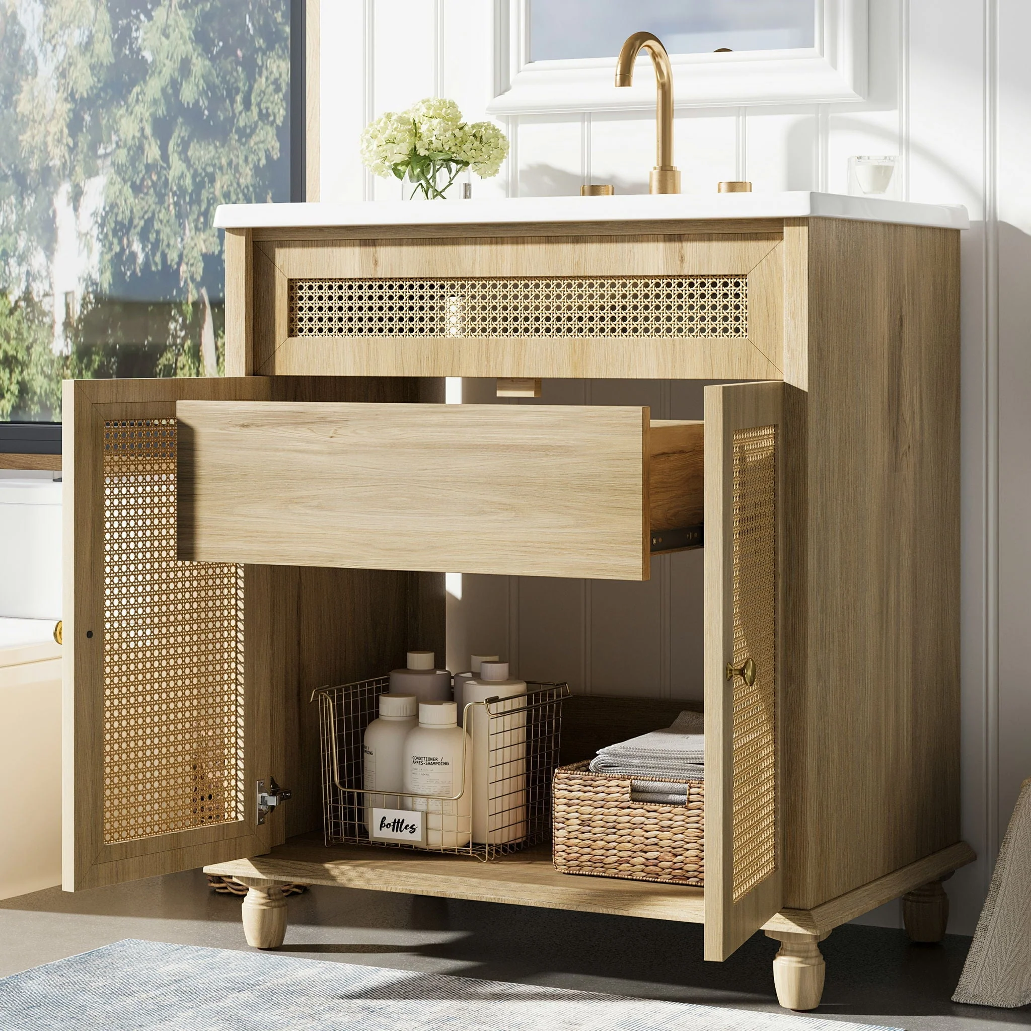 Bathroom Vanity With Handwoven Rattan Doors, Resin Basin - Natural Wood - Image 3