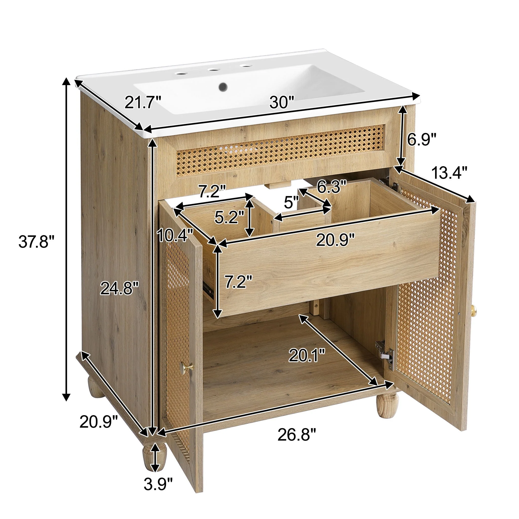 Bathroom Vanity With Handwoven Rattan Doors, Resin Basin - Natural Wood - Image 4