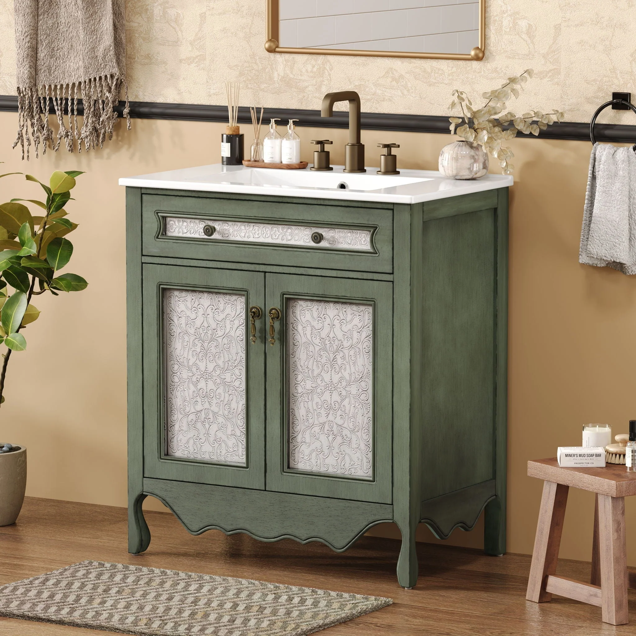 Bathroom Vanity With Rectangle Sink, Tip Out Tray - Antique Blue Green - Image 2