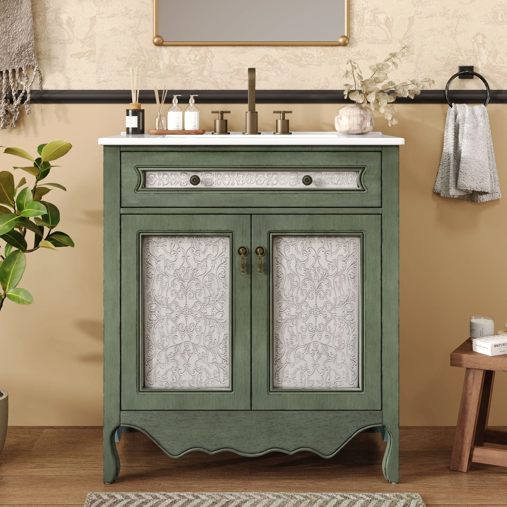 Bathroom Vanity With Rectangle Sink, Tip Out Tray - Antique Blue Green - Image 3