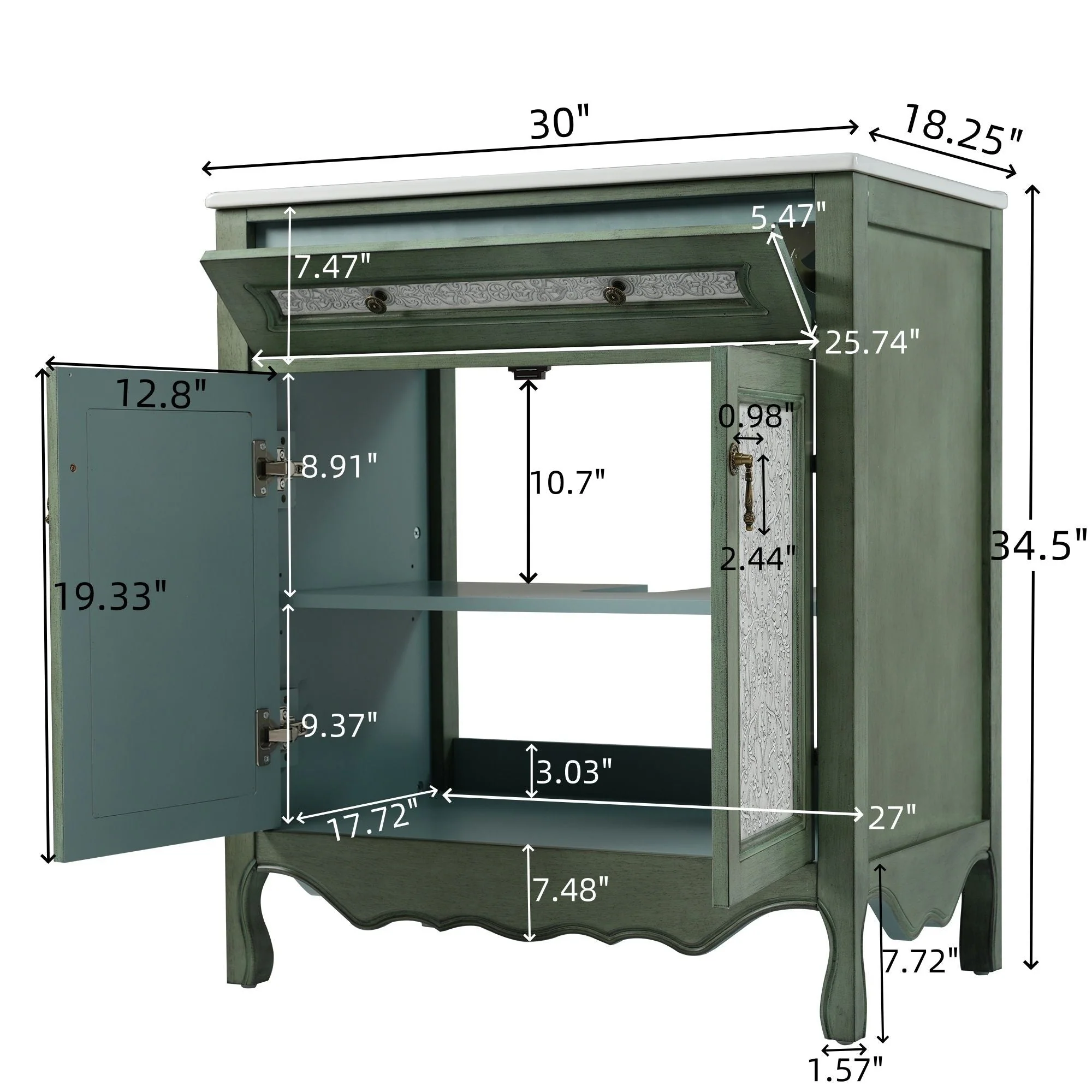Bathroom Vanity With Rectangle Sink, Tip Out Tray - Antique Blue Green - Image 4