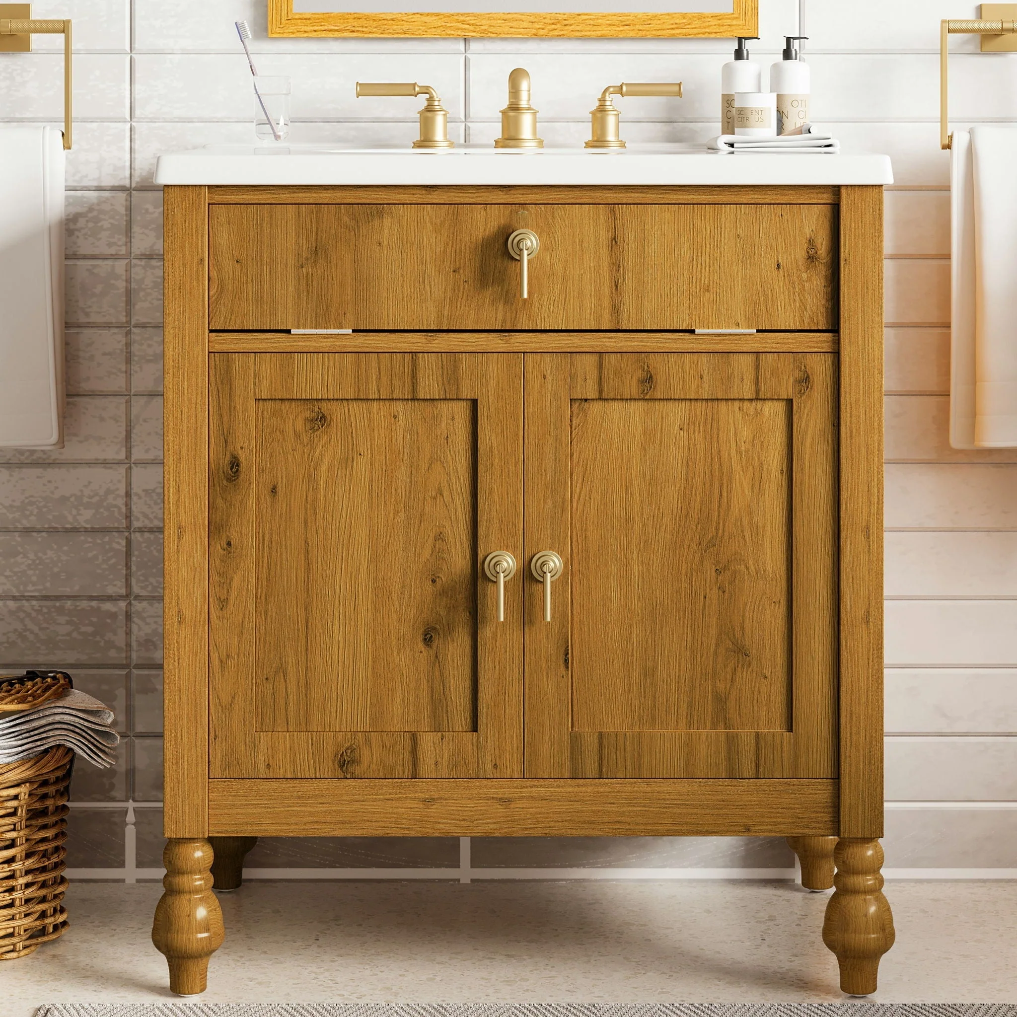Bathroom Vanity With Seashell Resin Sink, Flip Up Storage, Soft Close Doors - Brown - Image 2