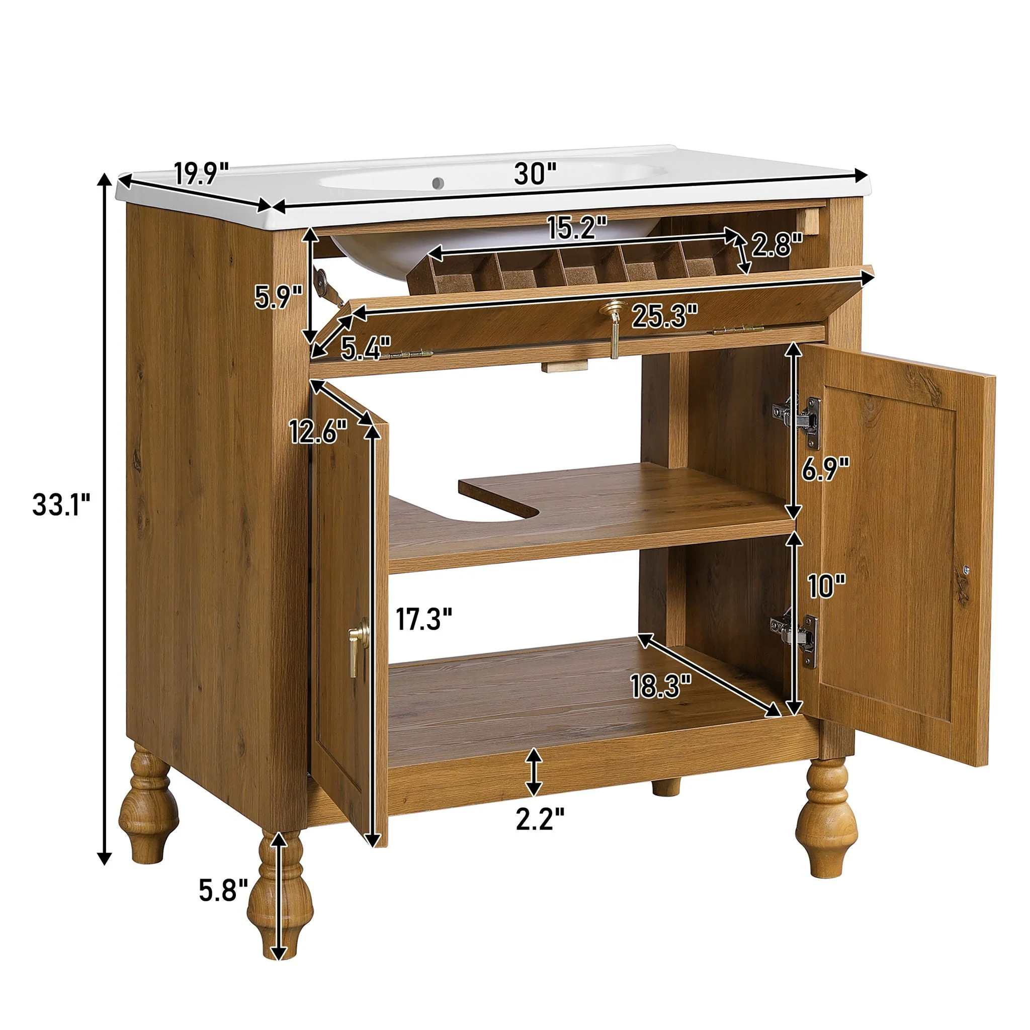 Bathroom Vanity With Seashell Resin Sink, Flip Up Storage, Soft Close Doors - Brown - Image 3