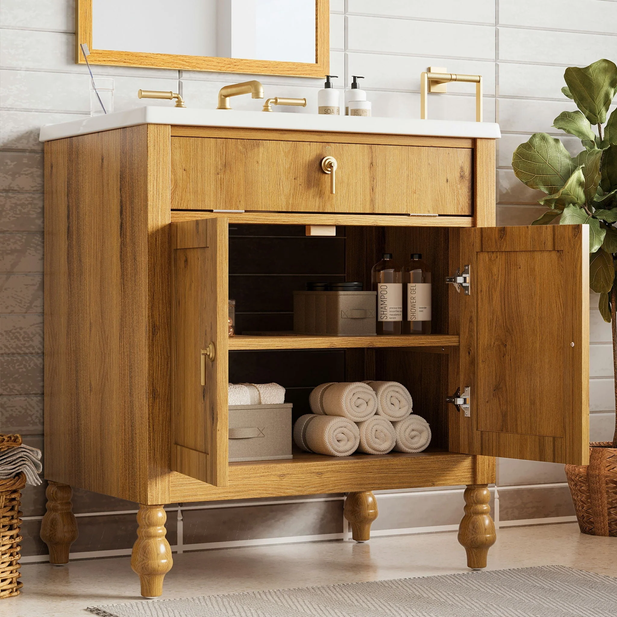 Bathroom Vanity With Seashell Resin Sink, Flip Up Storage, Soft Close Doors - Brown - Image 4