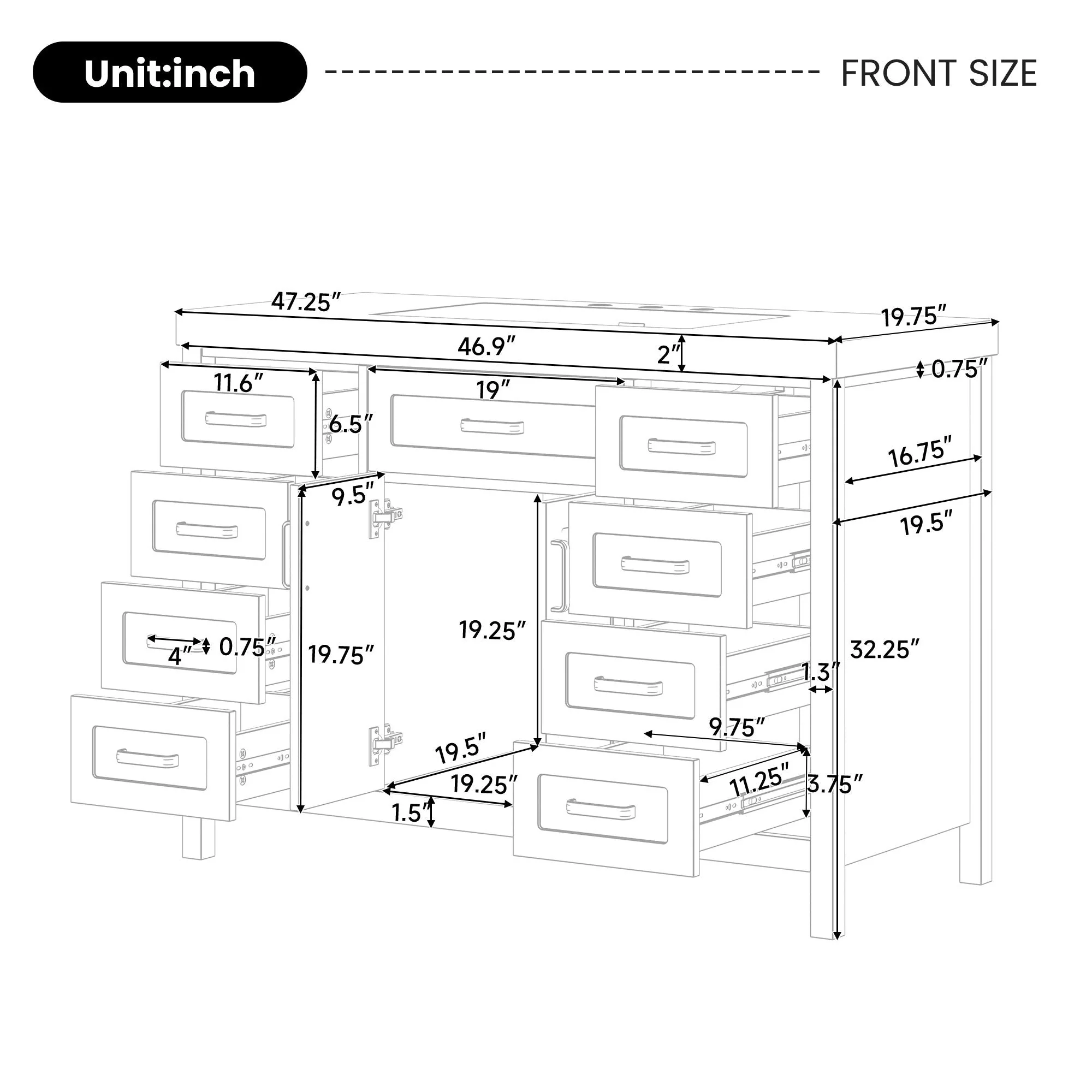 Bathroom Vanity With Sink, 2 Doors 8 Drawers, Soft Close System, Classic Design - Image 7