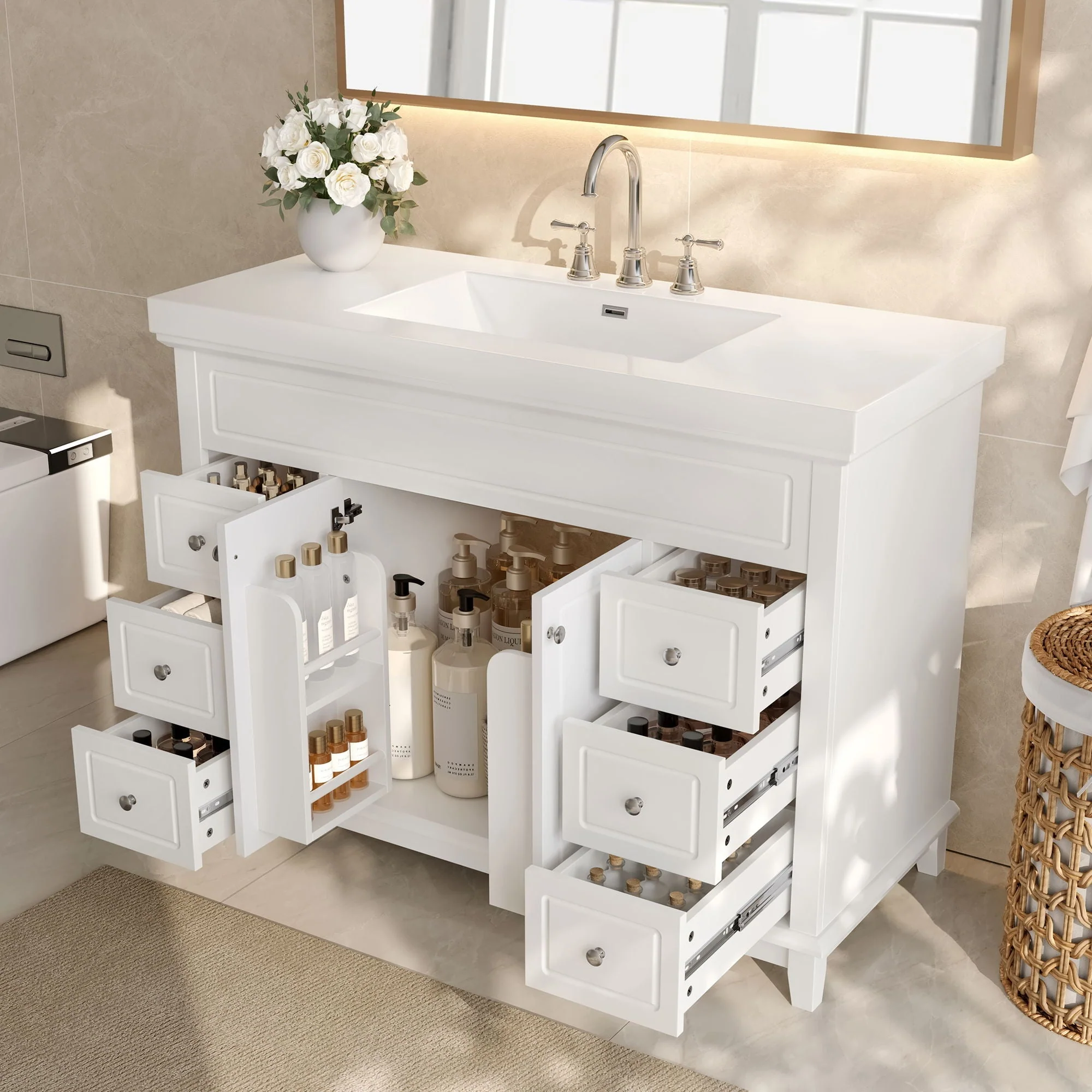 Bathroom Vanity With Sink, 6 Soft Close Drawers & Double Doors - White - Image 2