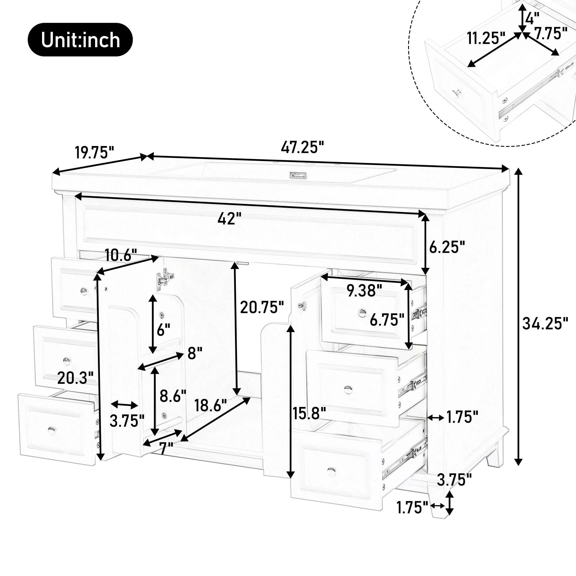 Bathroom Vanity With Sink, 6 Soft Close Drawers & Double Doors - White - Image 3
