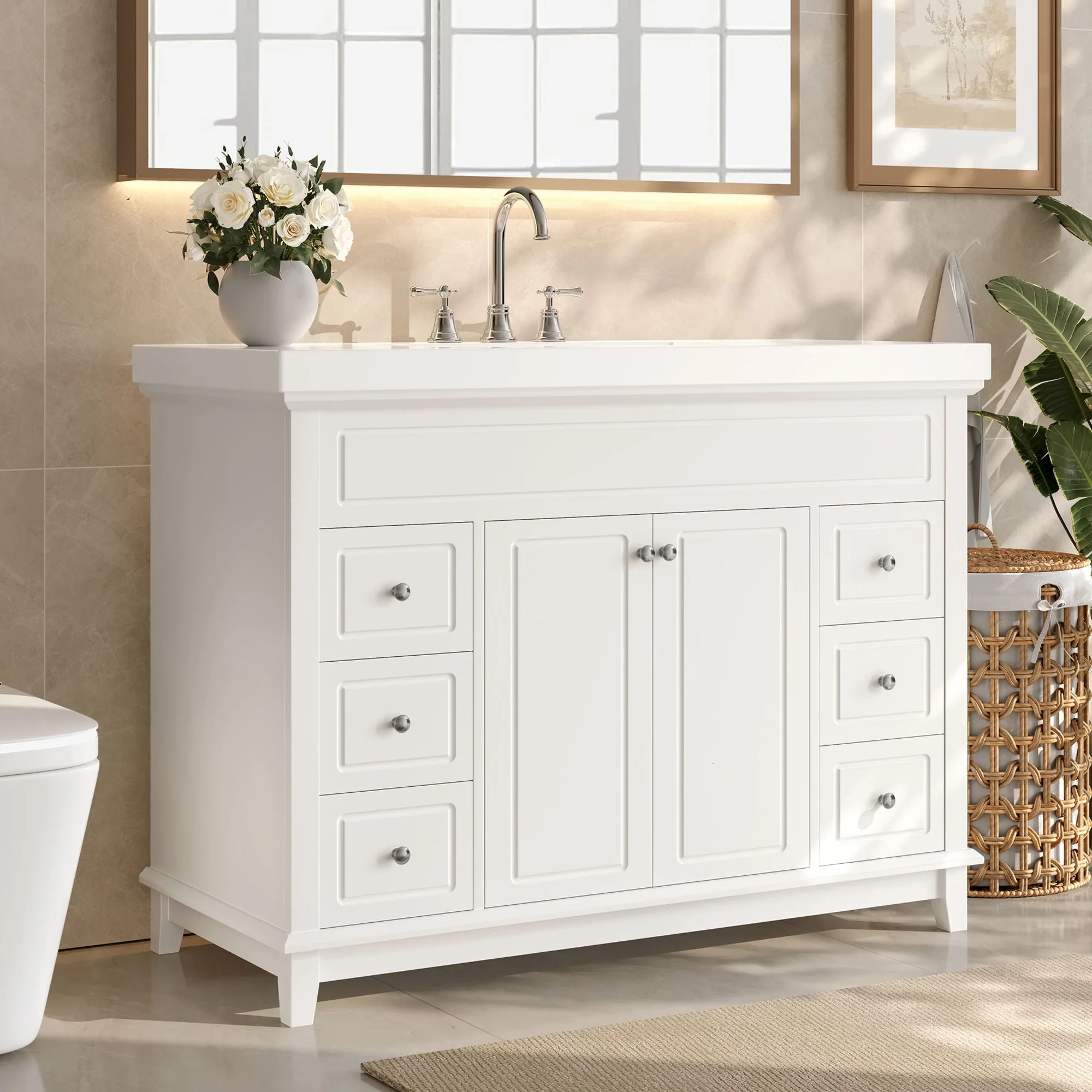 Bathroom Vanity With Sink, 6 Soft Close Drawers & Double Doors - White - Image 4