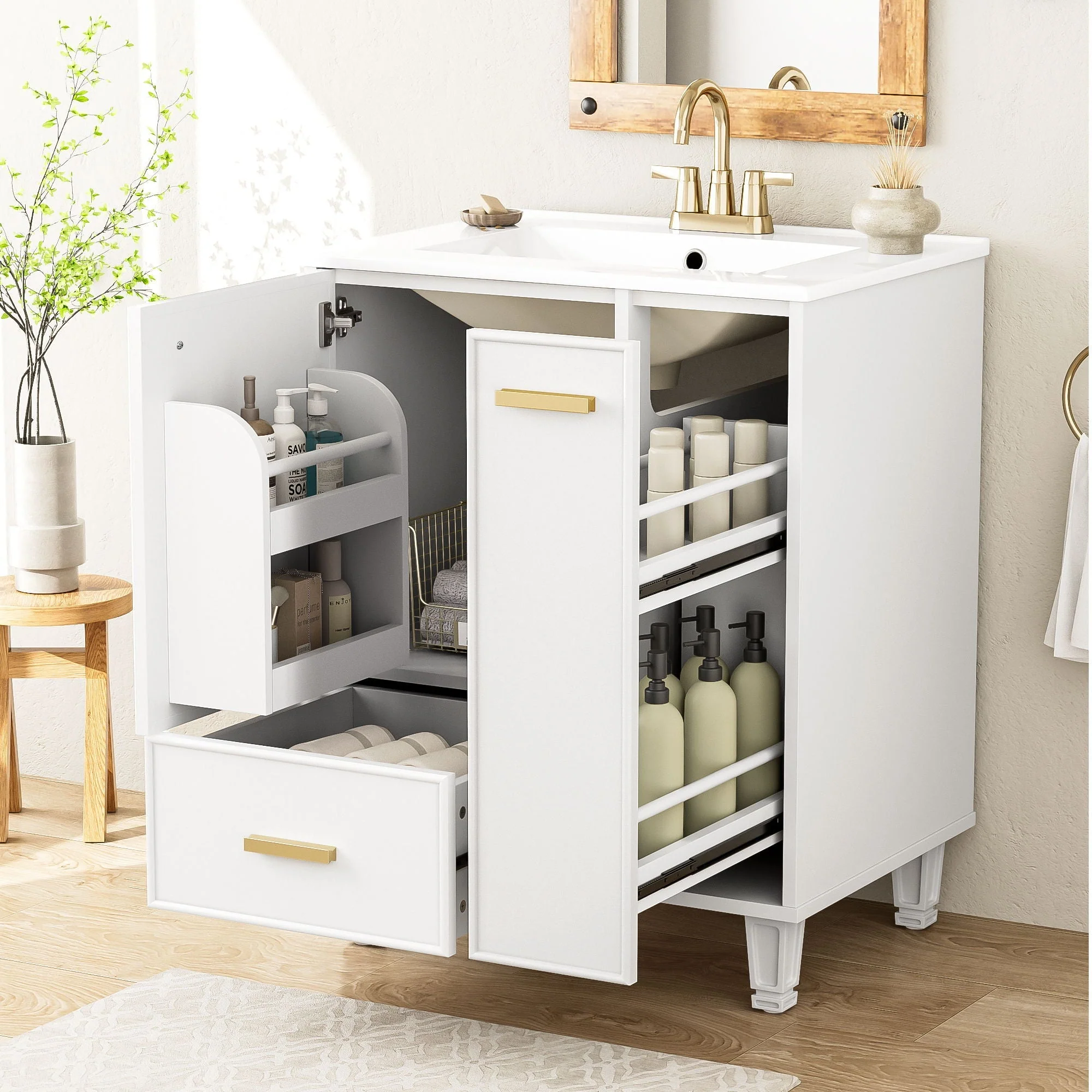 Bathroom Vanity With Sink, Deep Drawer, Door Shelf, 2 Tier Basket - Image 15
