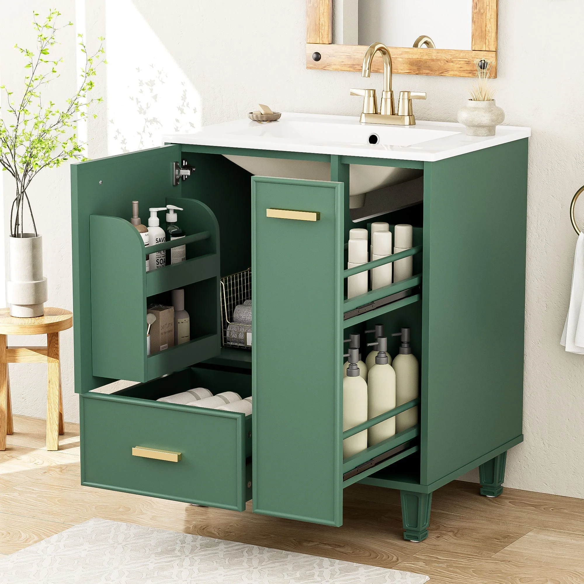 Bathroom Vanity With Sink, Deep Drawer, Door Shelf, 2 Tier Basket - Image 16