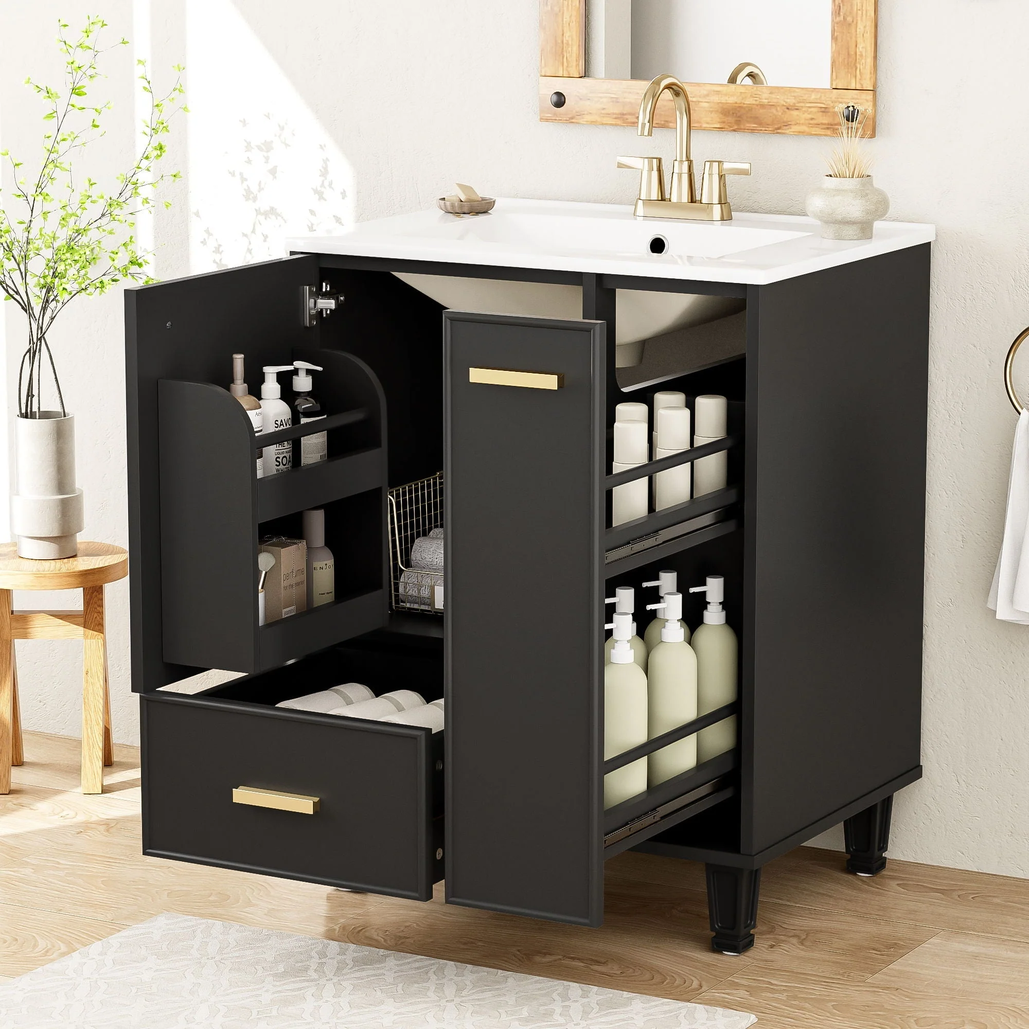 Bathroom Vanity With Sink, Deep Drawer, Door Shelf, 2 Tier Basket - Image 8