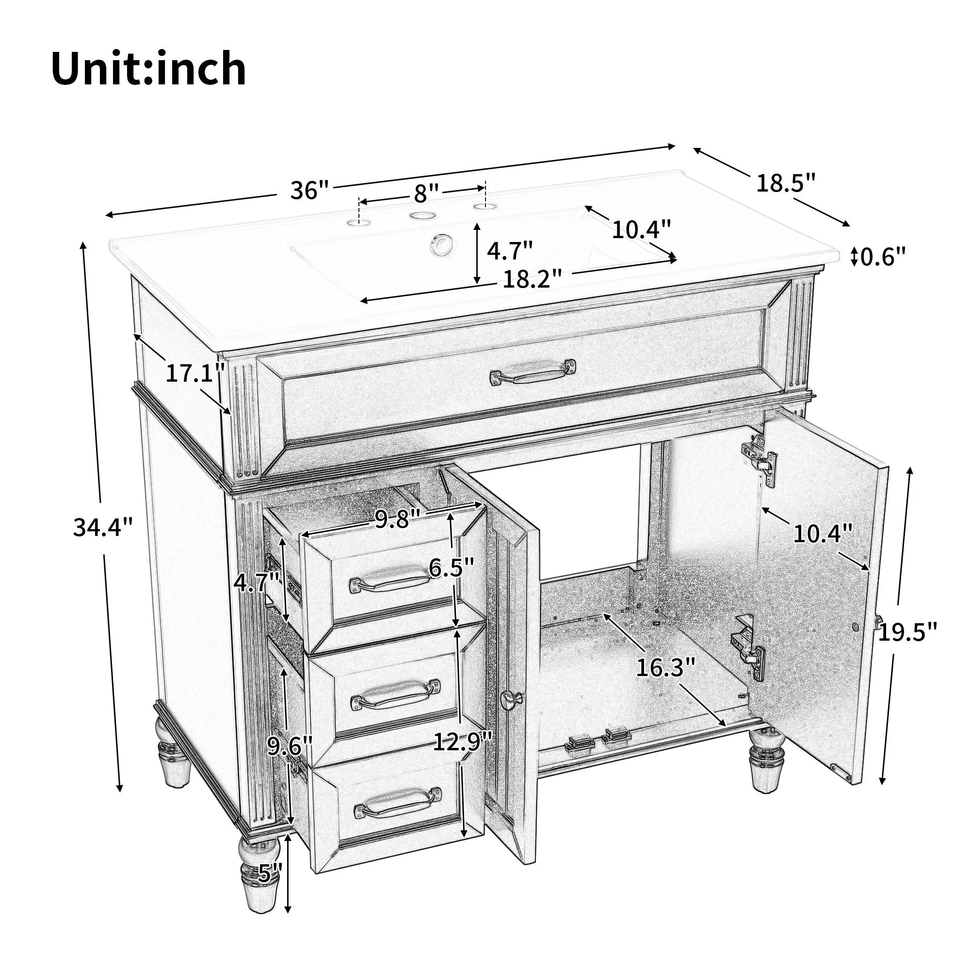 Bathroom Vanity With Sink, Freestanding Cabinet & Drawers - Image 3