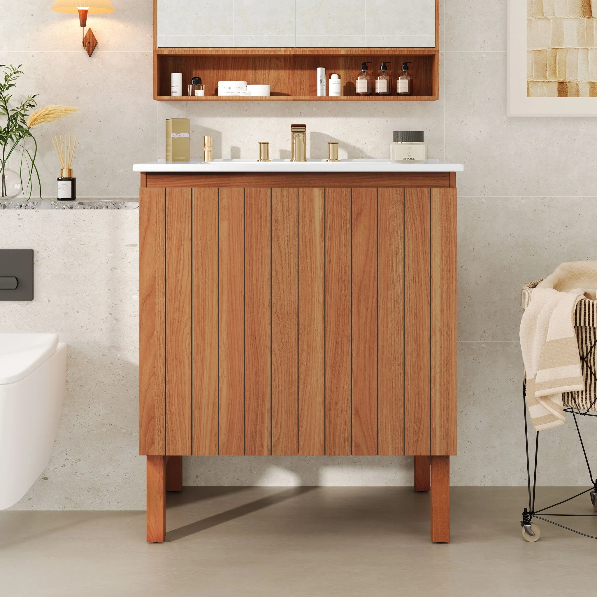 Bathroom Vanity With Sink, Minimalist Design, 45 Degrees Free Handle Doors - Antique Natural - Image 2