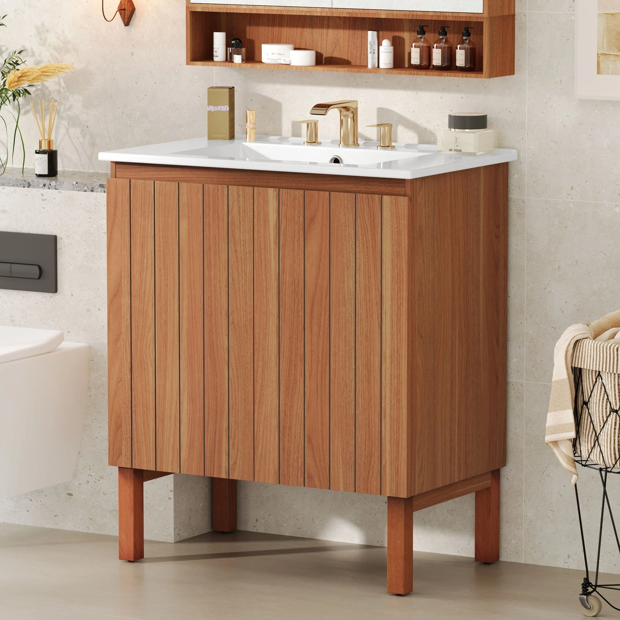 Bathroom Vanity With Sink, Minimalist Design, 45 Degrees Free Handle Doors - Antique Natural - Image 3