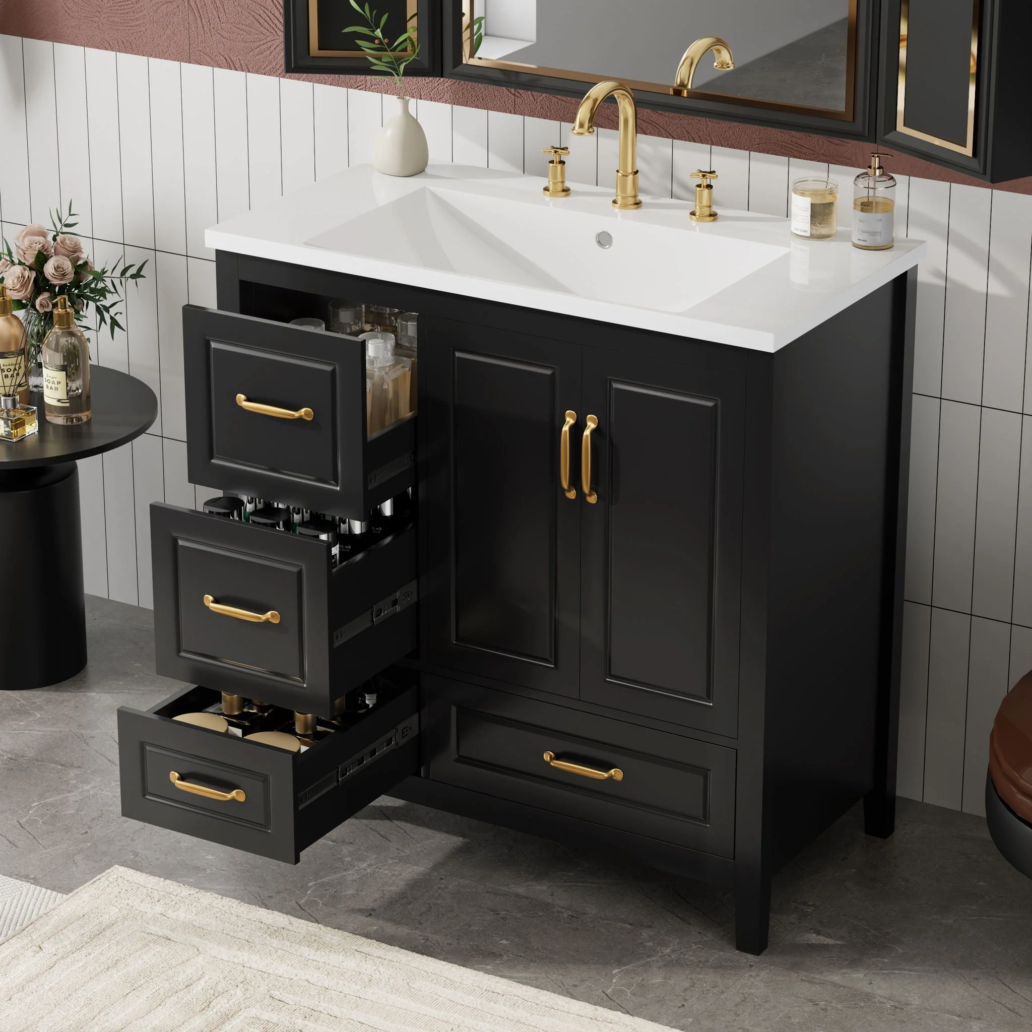 Bathroom Vanity With Sink, Soft Closing Doors & Drawers, Metal Handles - Image 5