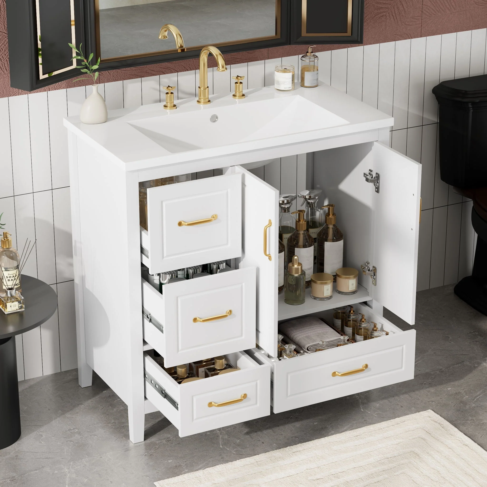 Bathroom Vanity With Sink, Soft Closing Doors & Drawers, Metal Handles - Image 8