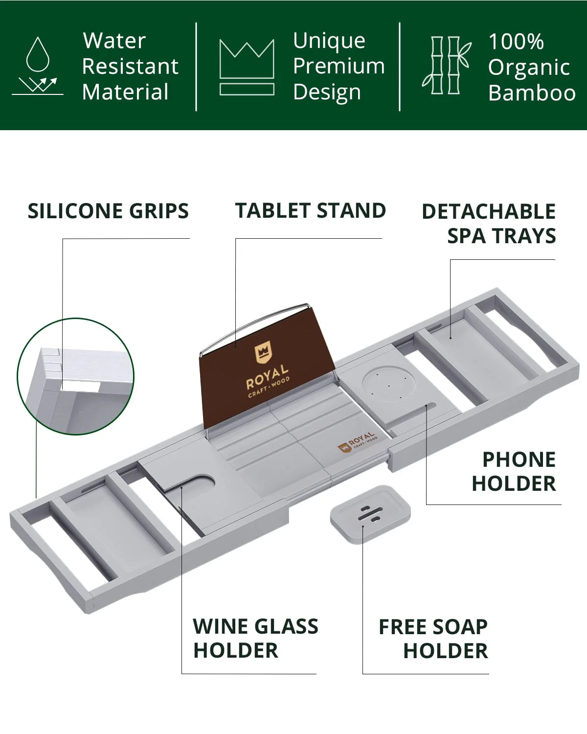 Bathtub Caddy Tray, Gray - Image 7