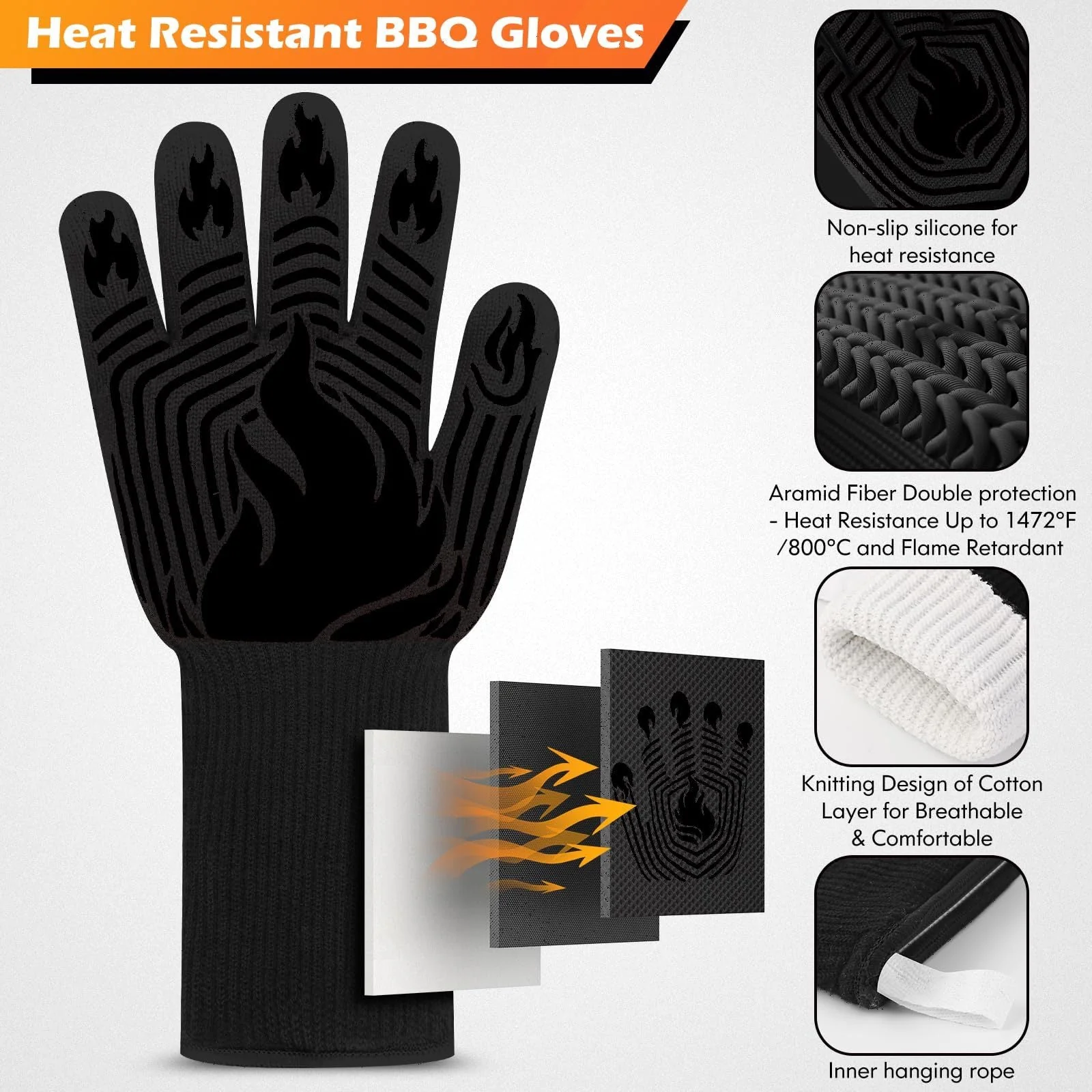 BBQ Gloves 1472°F Heat Resistant Fireproof Oven Mitts - Image 3
