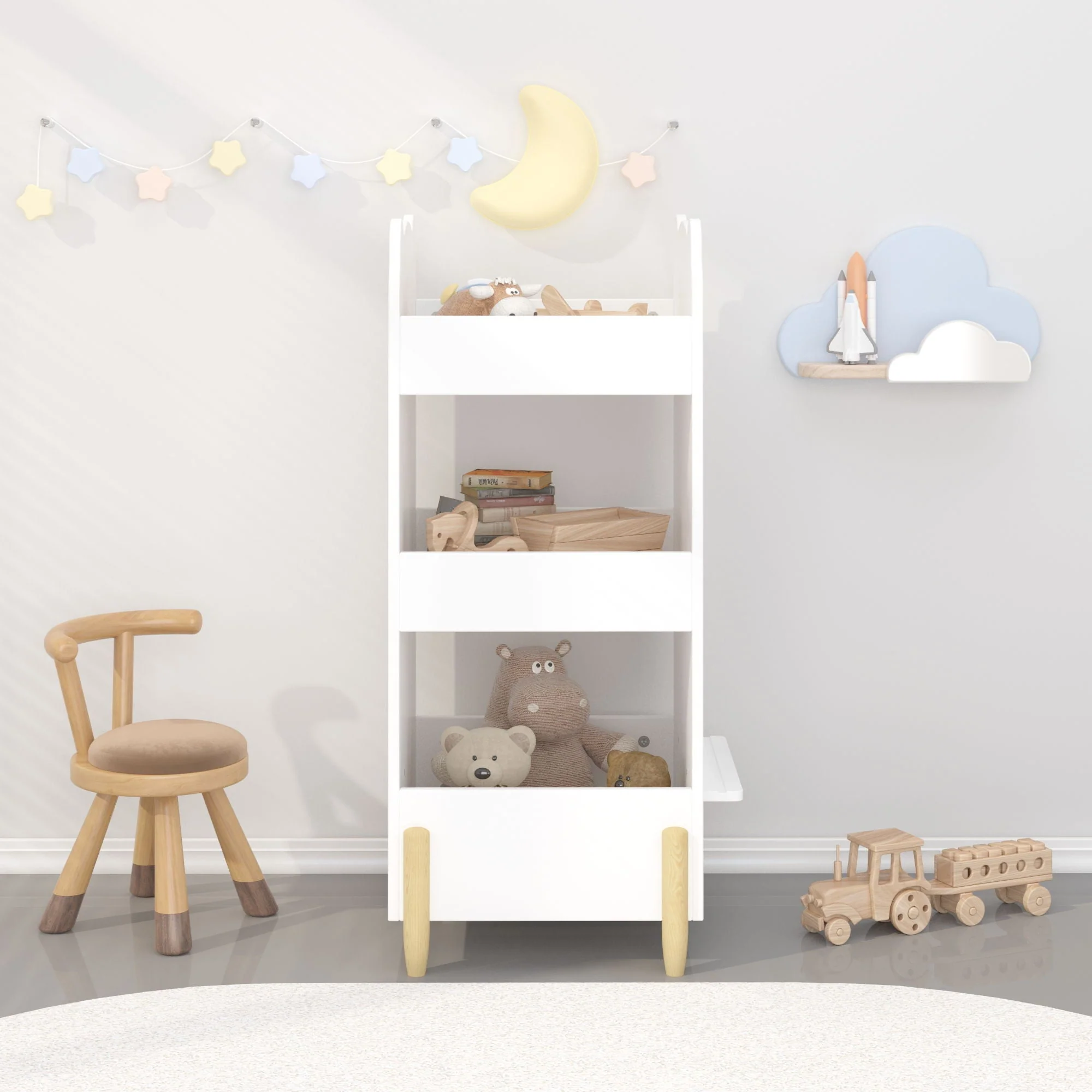 Bear Shaped Bookshelf With Chalkboard Side, 3 Tier Storage Organizer For Playroom - White - Image 2