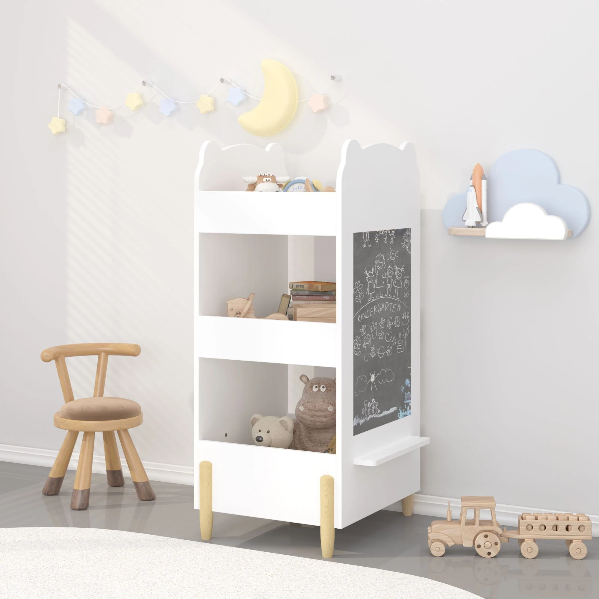 Bear Shaped Bookshelf With Chalkboard Side, 3 Tier Storage Organizer For Playroom - White - Image 4