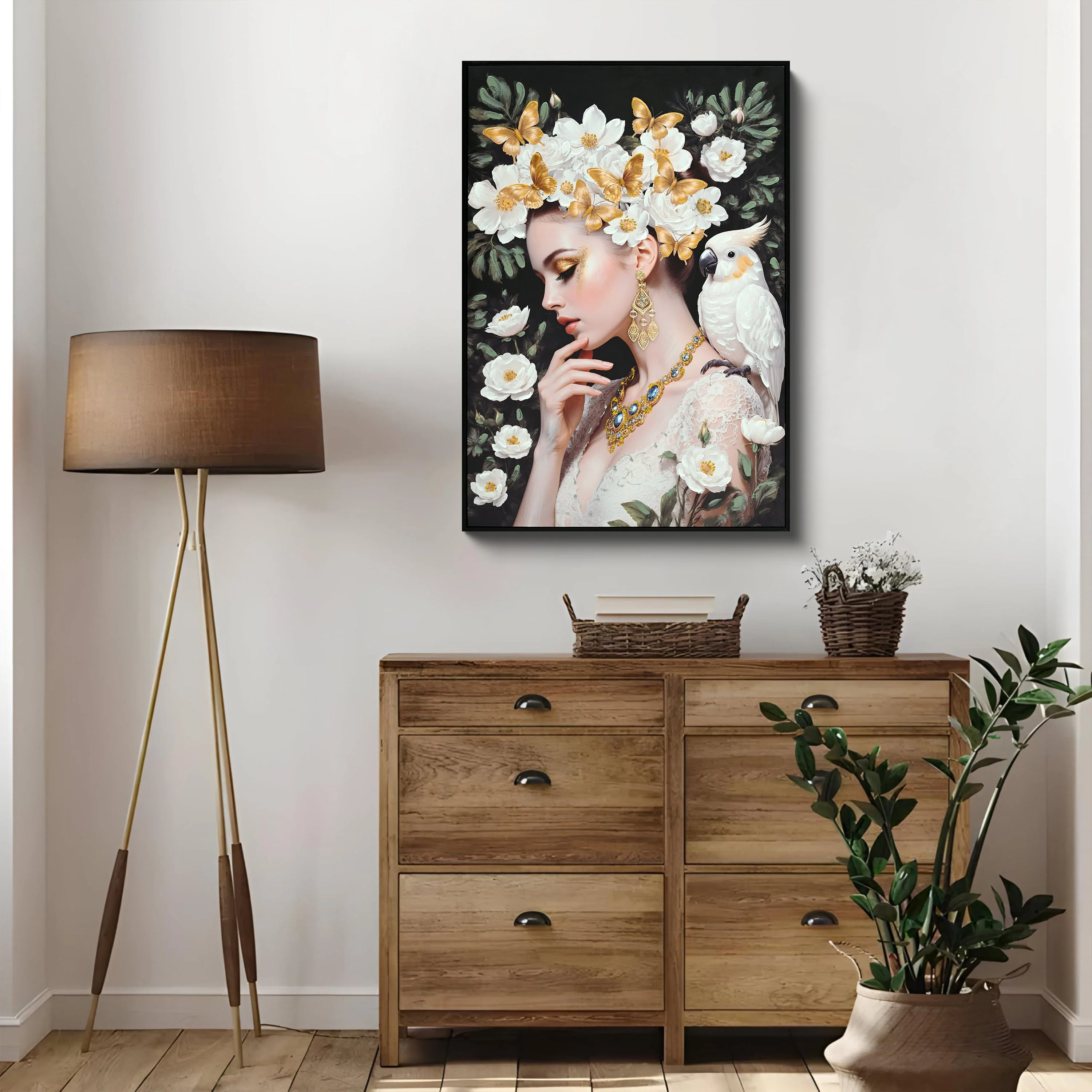 Beauty Lady Wall Art Gold and White Floral Canvas 24x36 Inch - Image 2