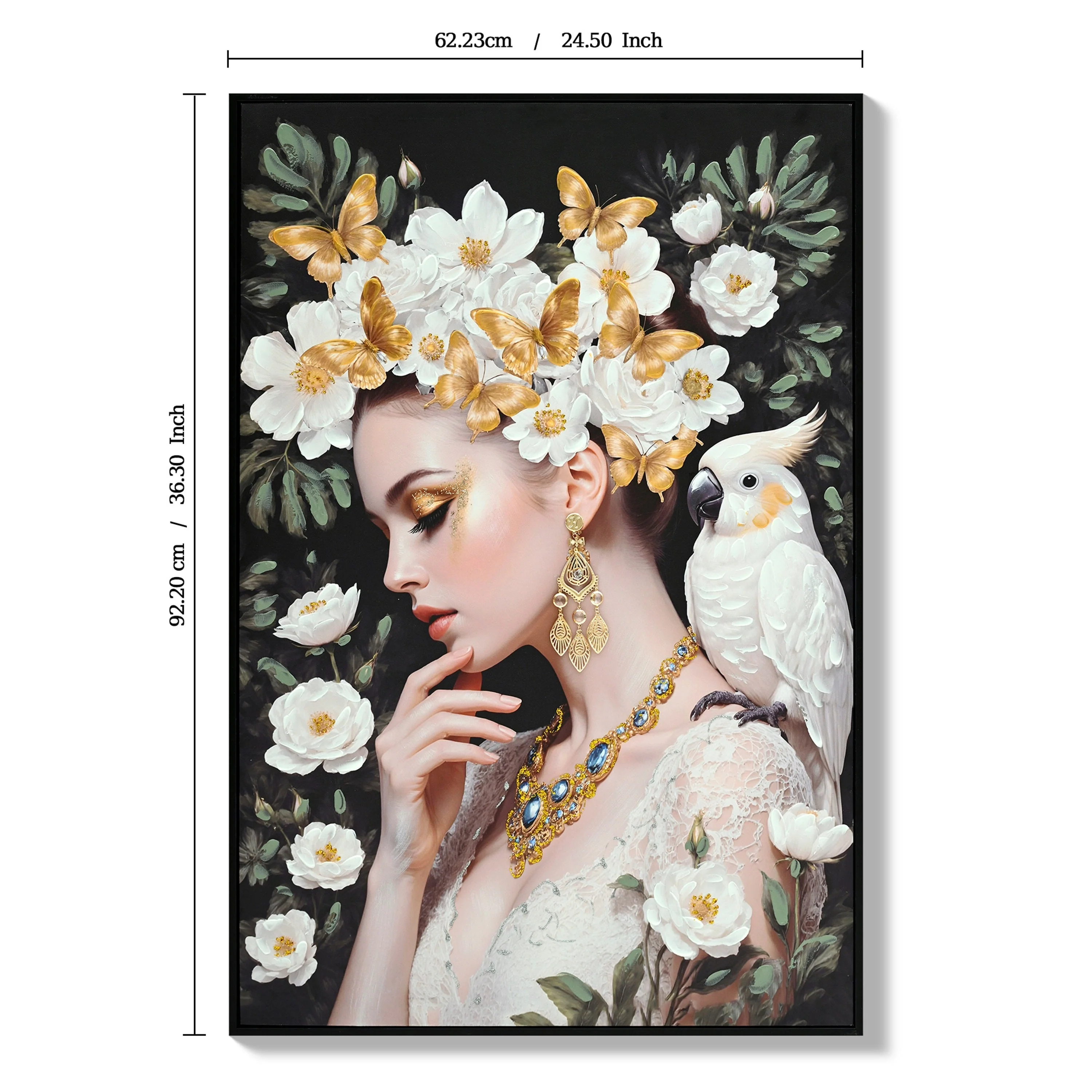 Beauty Lady Wall Art Gold and White Floral Canvas 24x36 Inch - Image 3