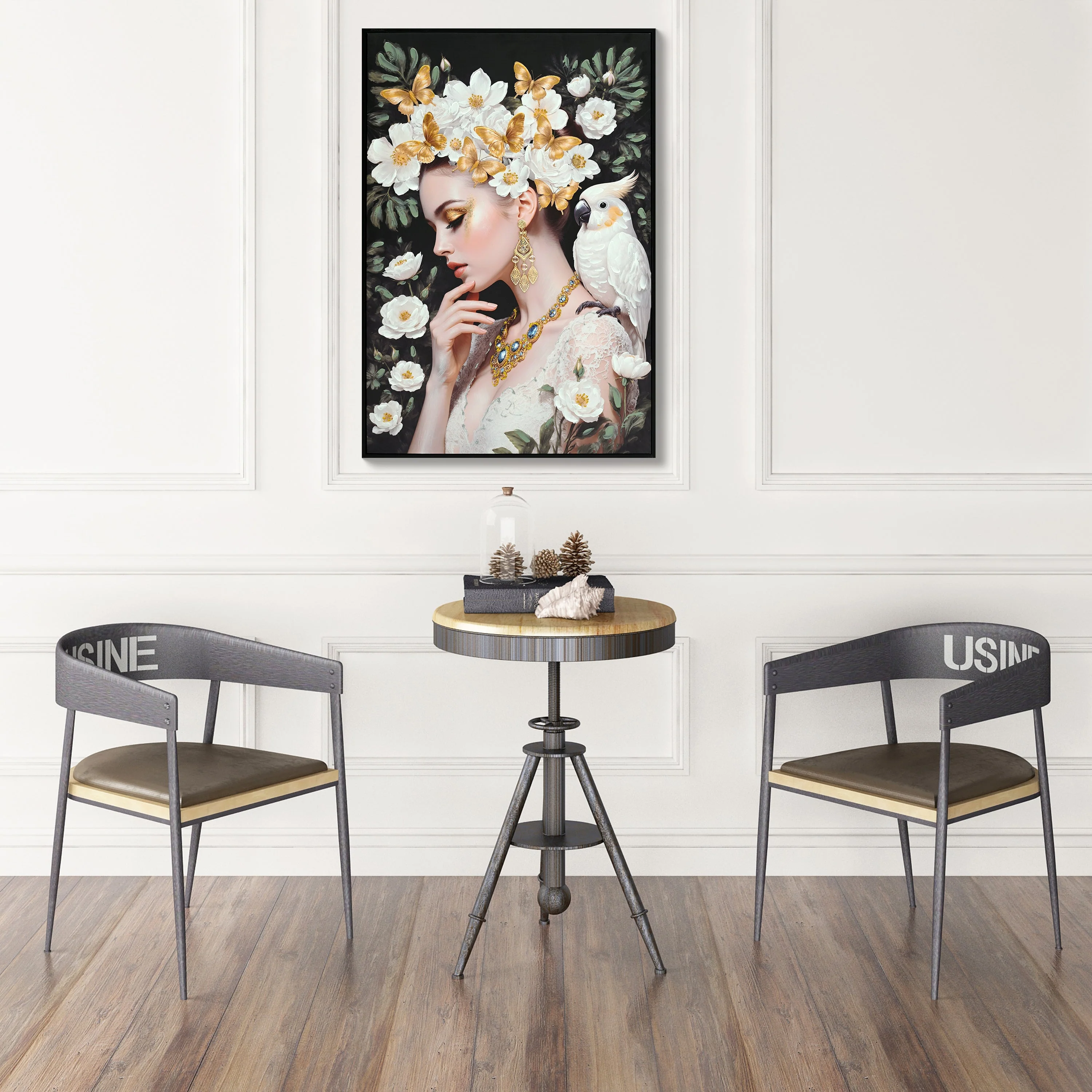 Beauty Lady Wall Art Gold and White Floral Canvas 24x36 Inch - Image 4