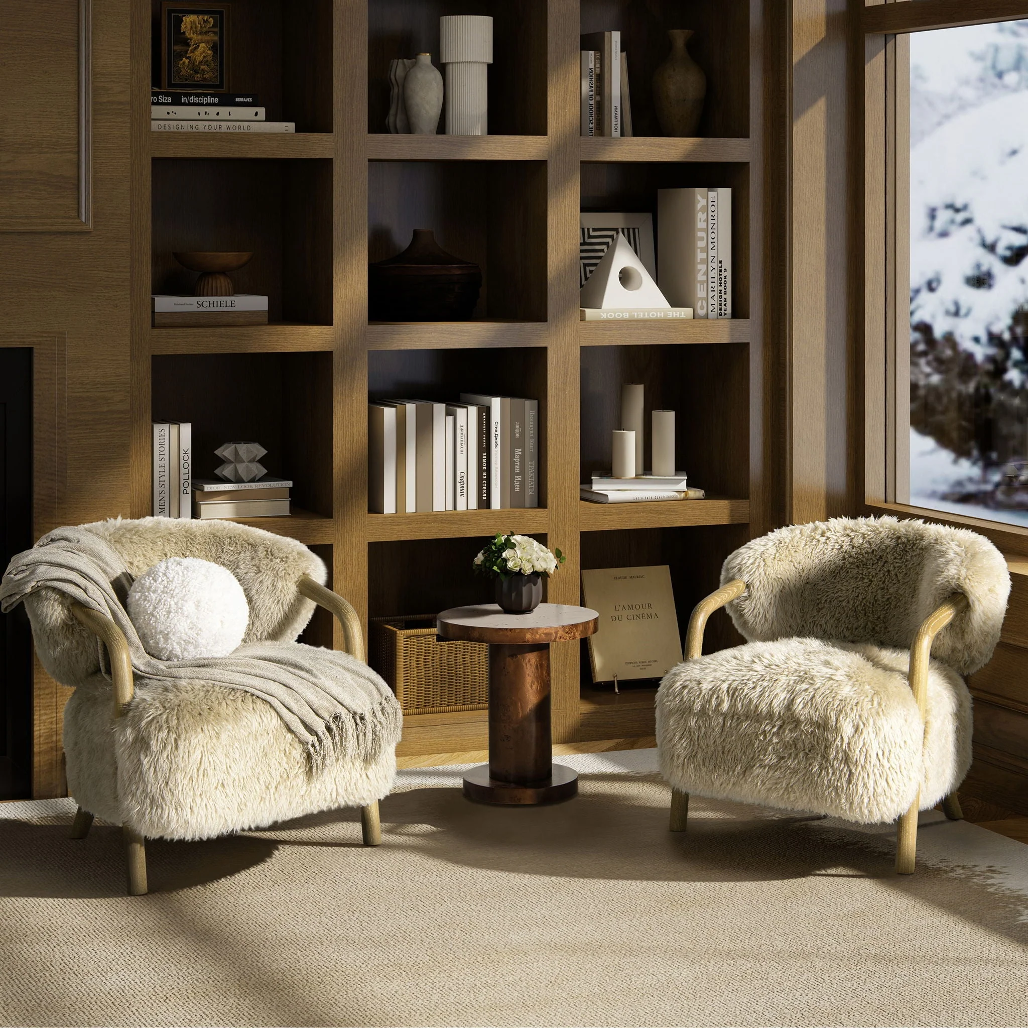 Becker Rustic Oak Sheepskin Upholstered Accent Arm Chair - Taupe Beige - Image 2