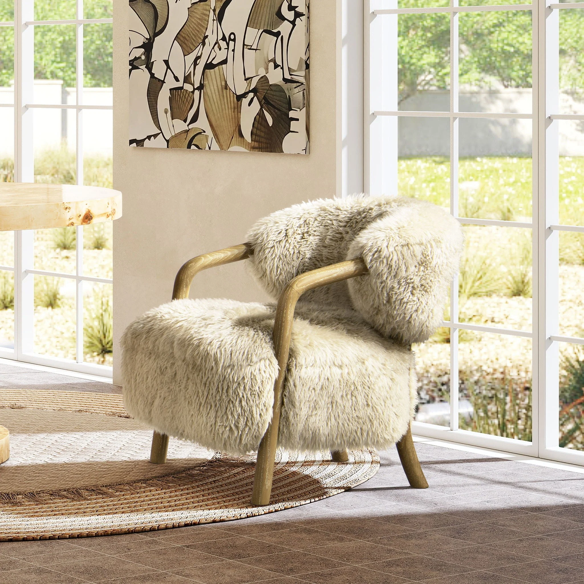 Becker Rustic Oak Sheepskin Upholstered Accent Arm Chair - Taupe Beige - Image 3