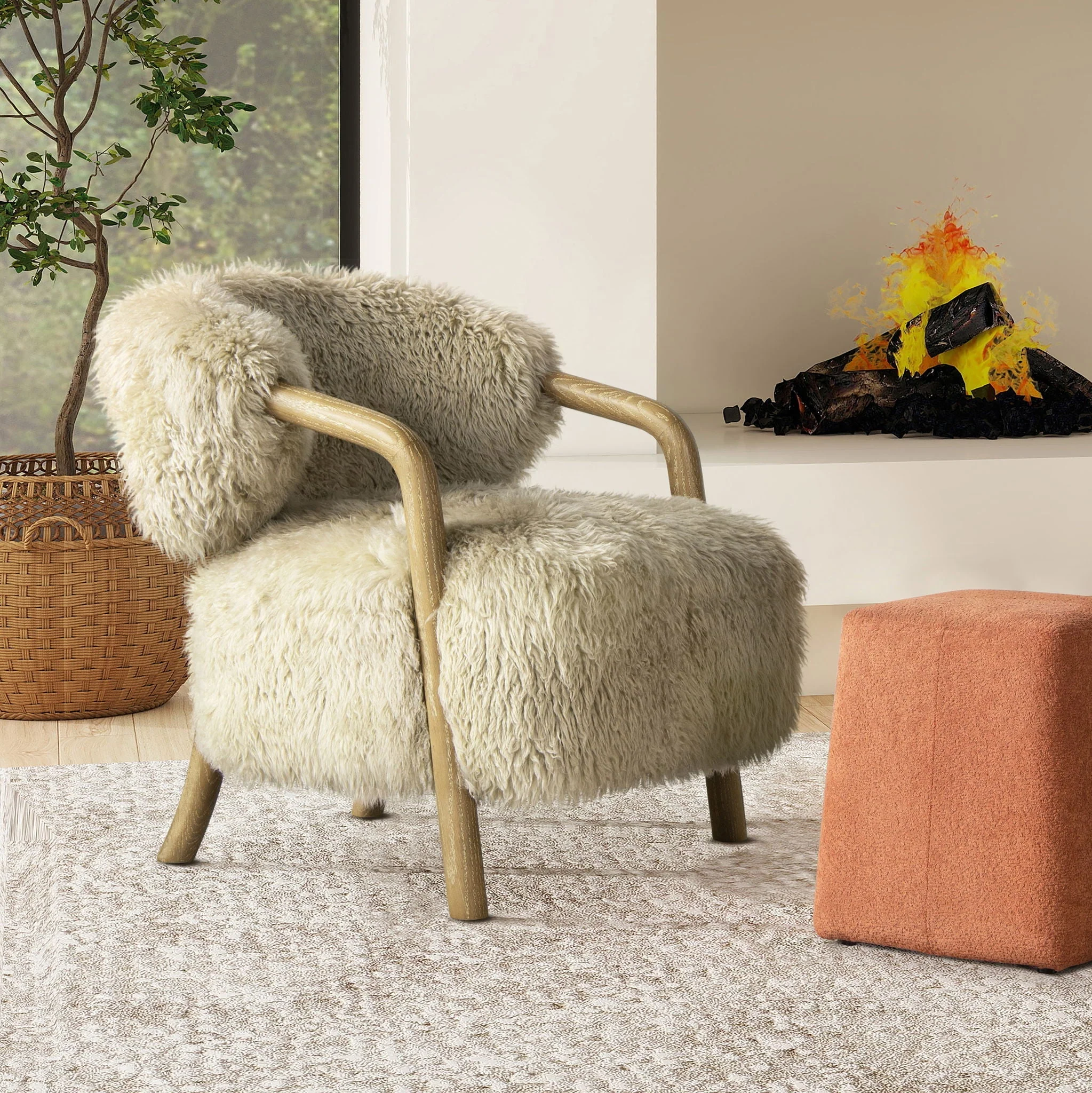 Becker Rustic Oak Sheepskin Upholstered Accent Arm Chair - Taupe Beige - Image 4