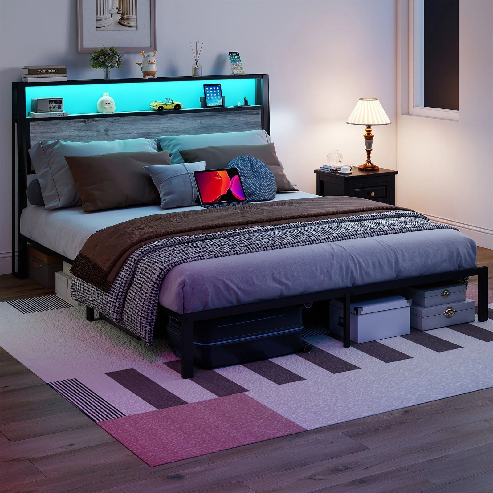 Bed Frame With RGB LED Light And Charging Station - Image 4