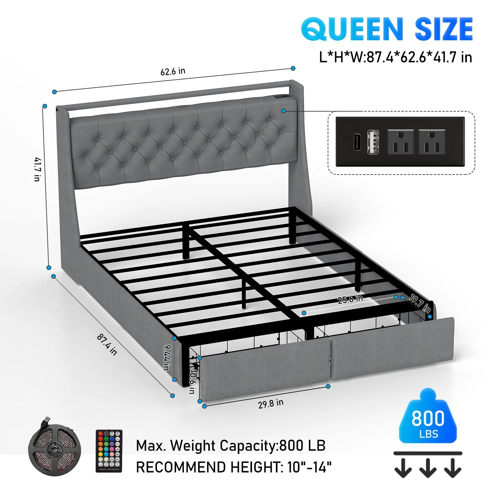Bed Frame With Storage Headboard, RGB LED Light & USB Charging Station - Image 2