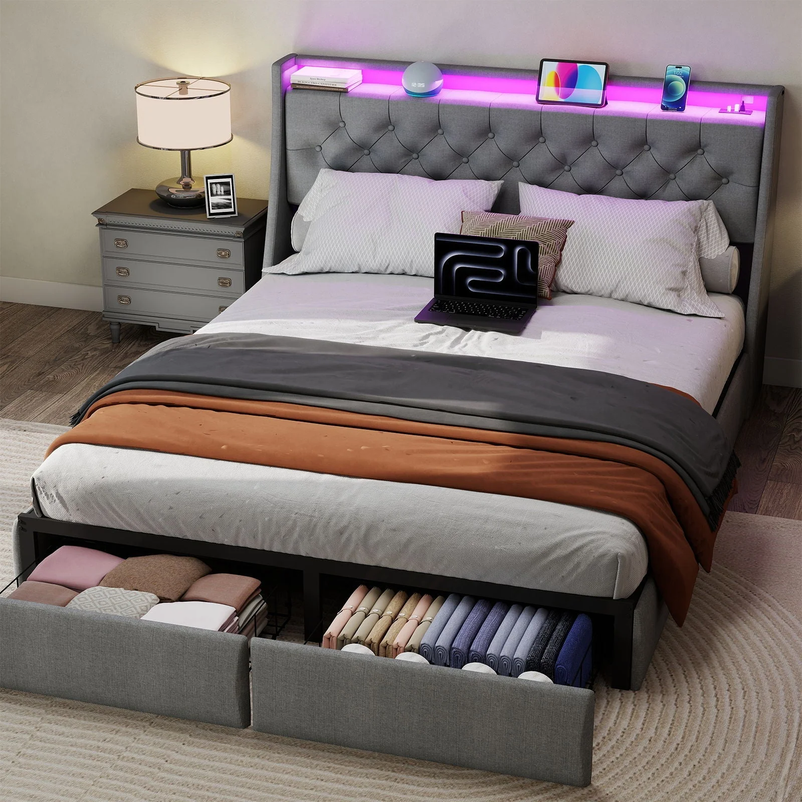 Bed Frame With Storage Headboard, RGB LED Light & USB Charging Station - Image 3