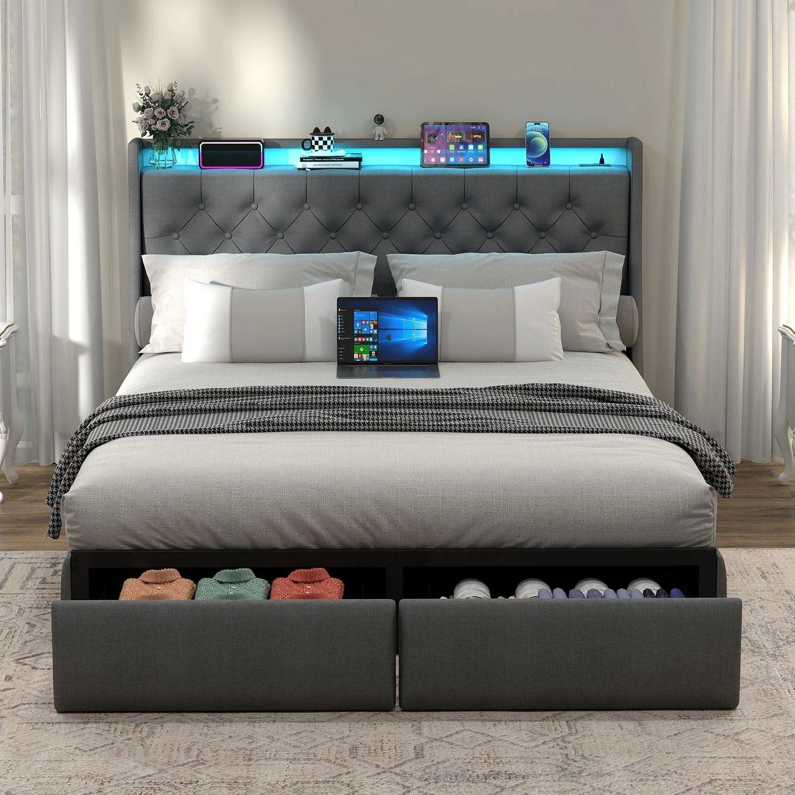Bed Frame With Storage Headboard, RGB LED Light & USB Charging Station - Image 4