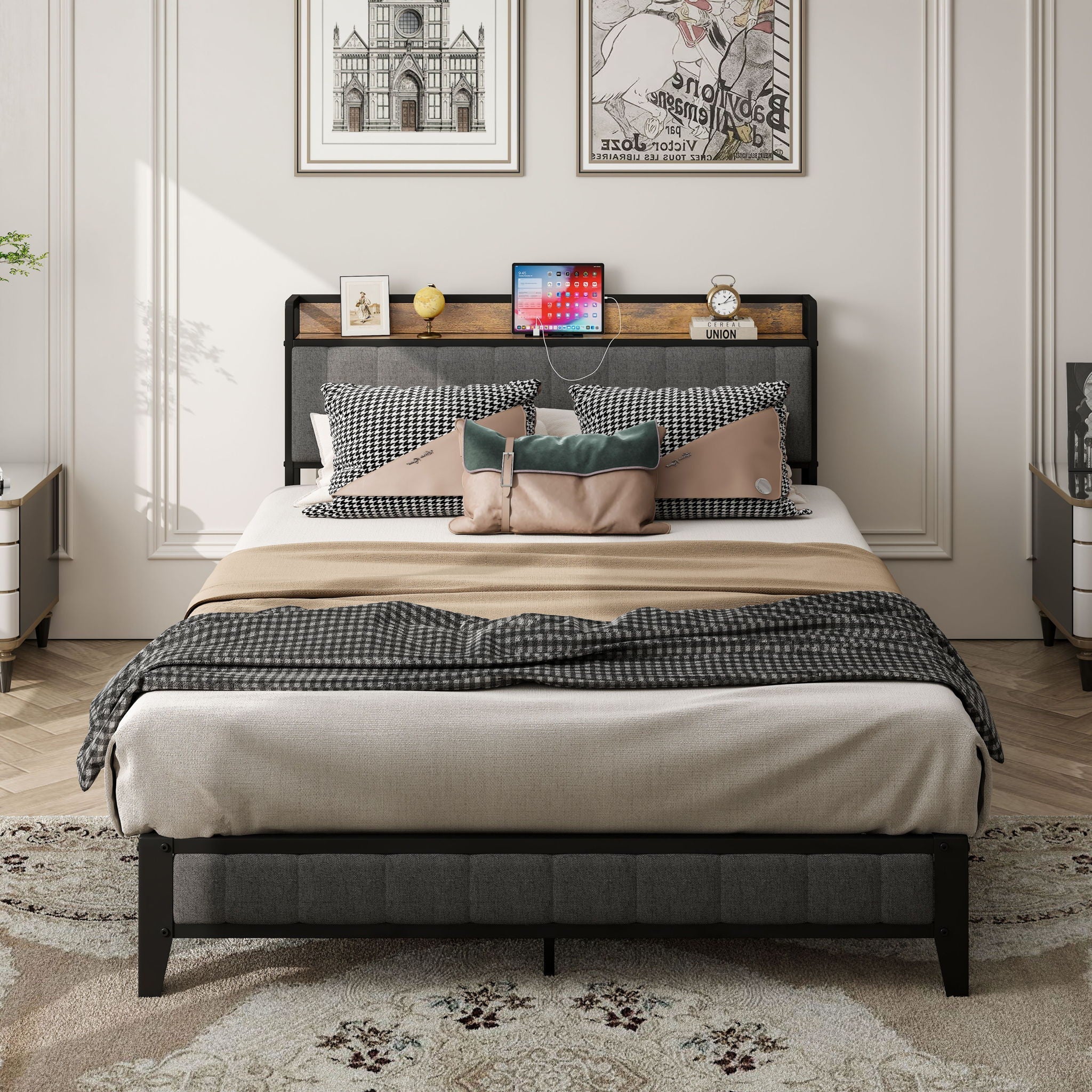 Bed With Charging Station, American Design Upholstered Headboard, Metal Platform - Image 10