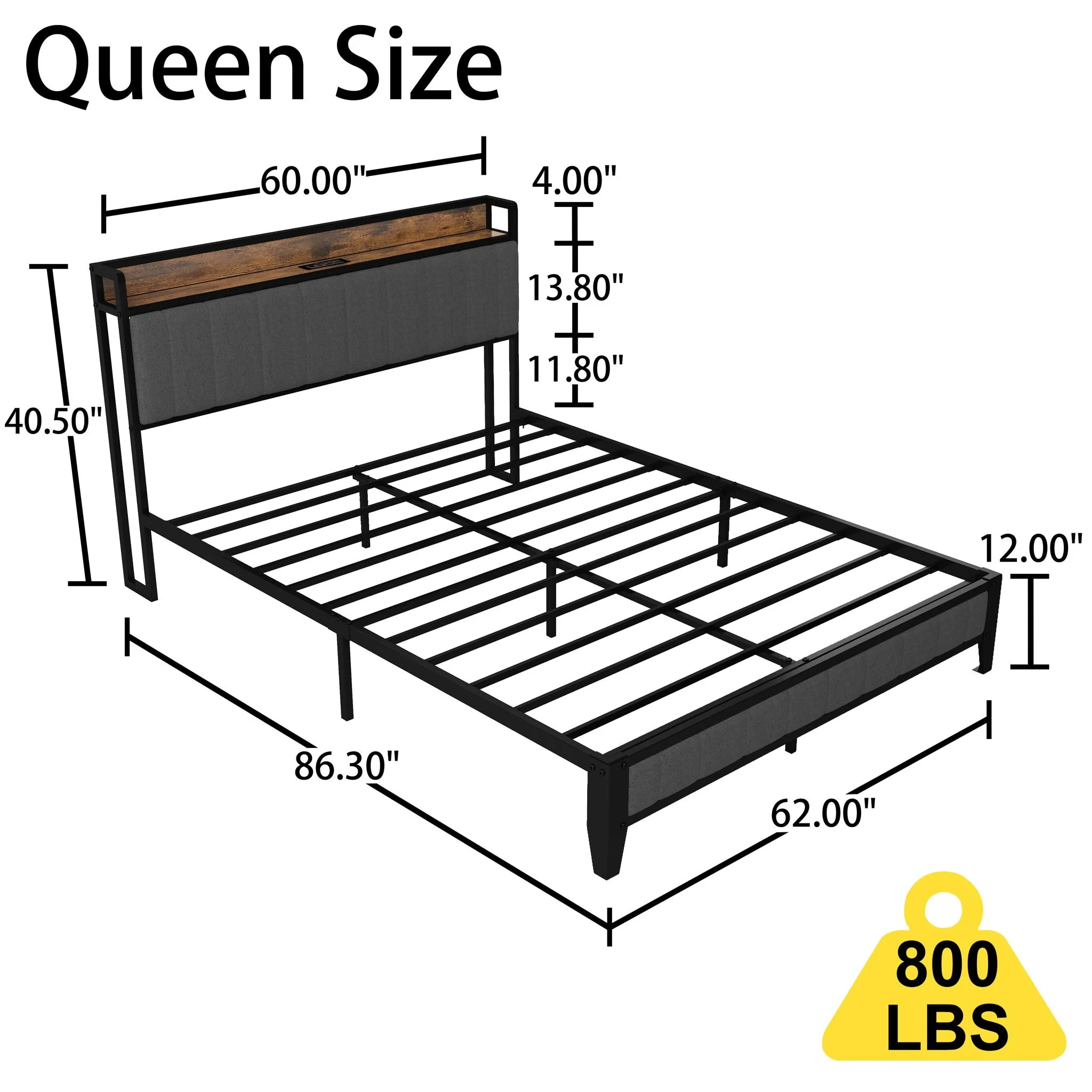 Bed With Charging Station, American Design Upholstered Headboard, Metal Platform - Image 11