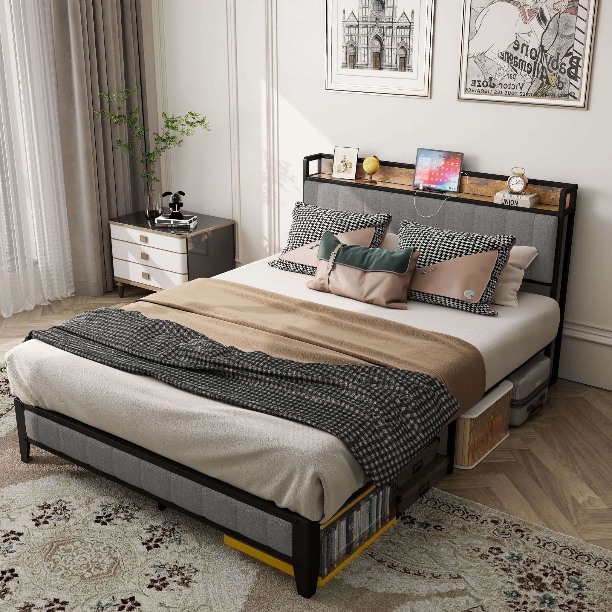 Bed With Charging Station, American Design Upholstered Headboard, Metal Platform - Image 14