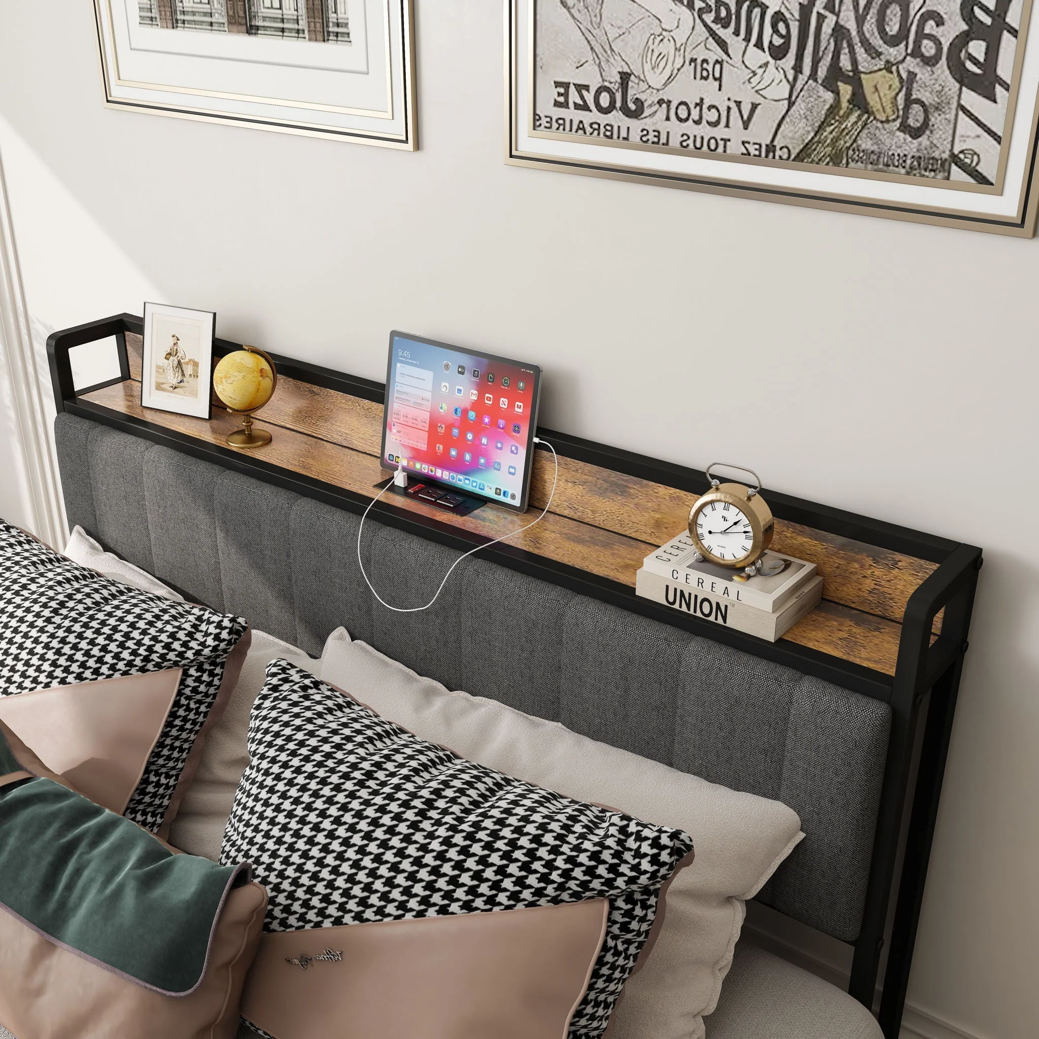 Bed With Charging Station, American Design Upholstered Headboard, Metal Platform - Image 15