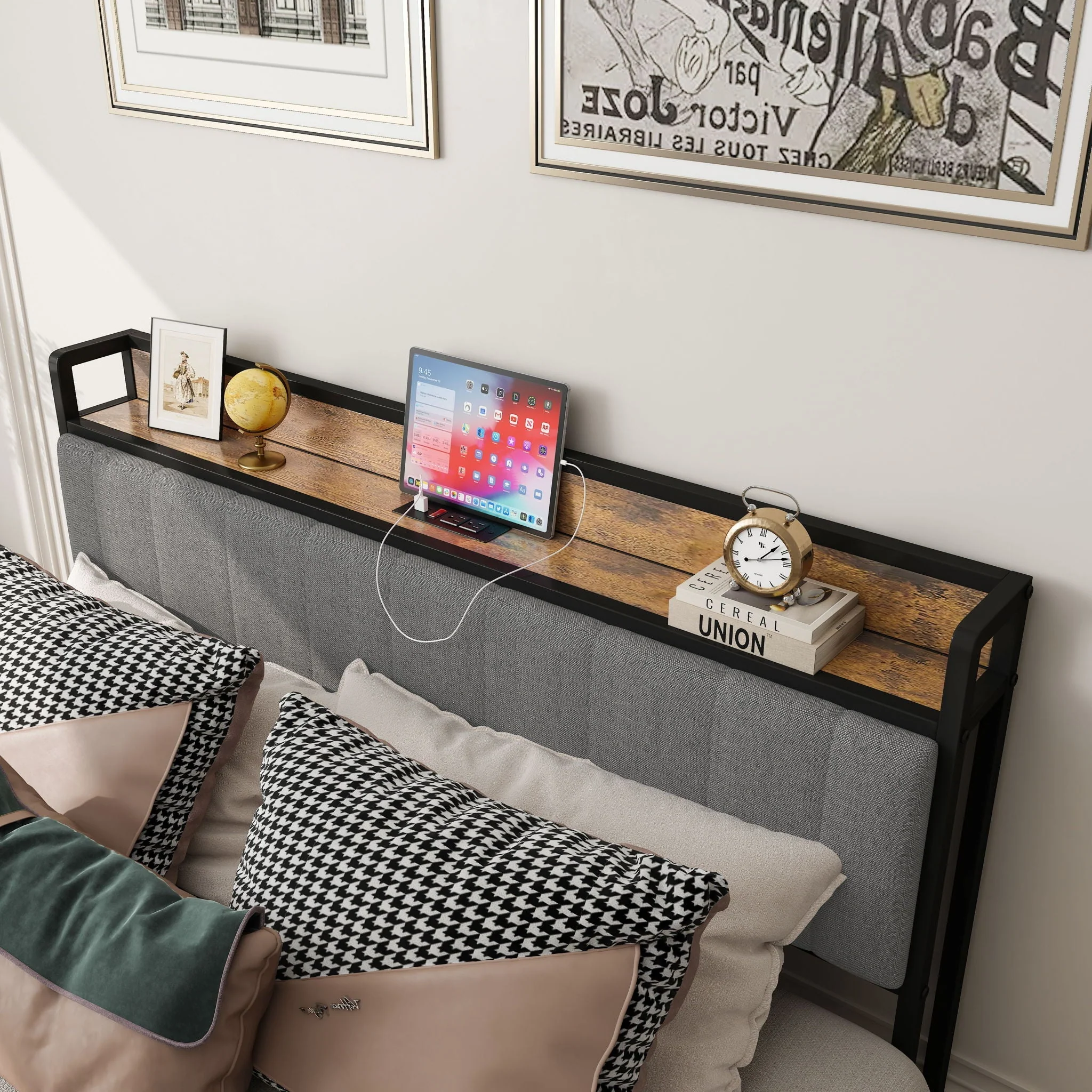 Bed With Charging Station, American Design Upholstered Headboard, Metal Platform - Image 8