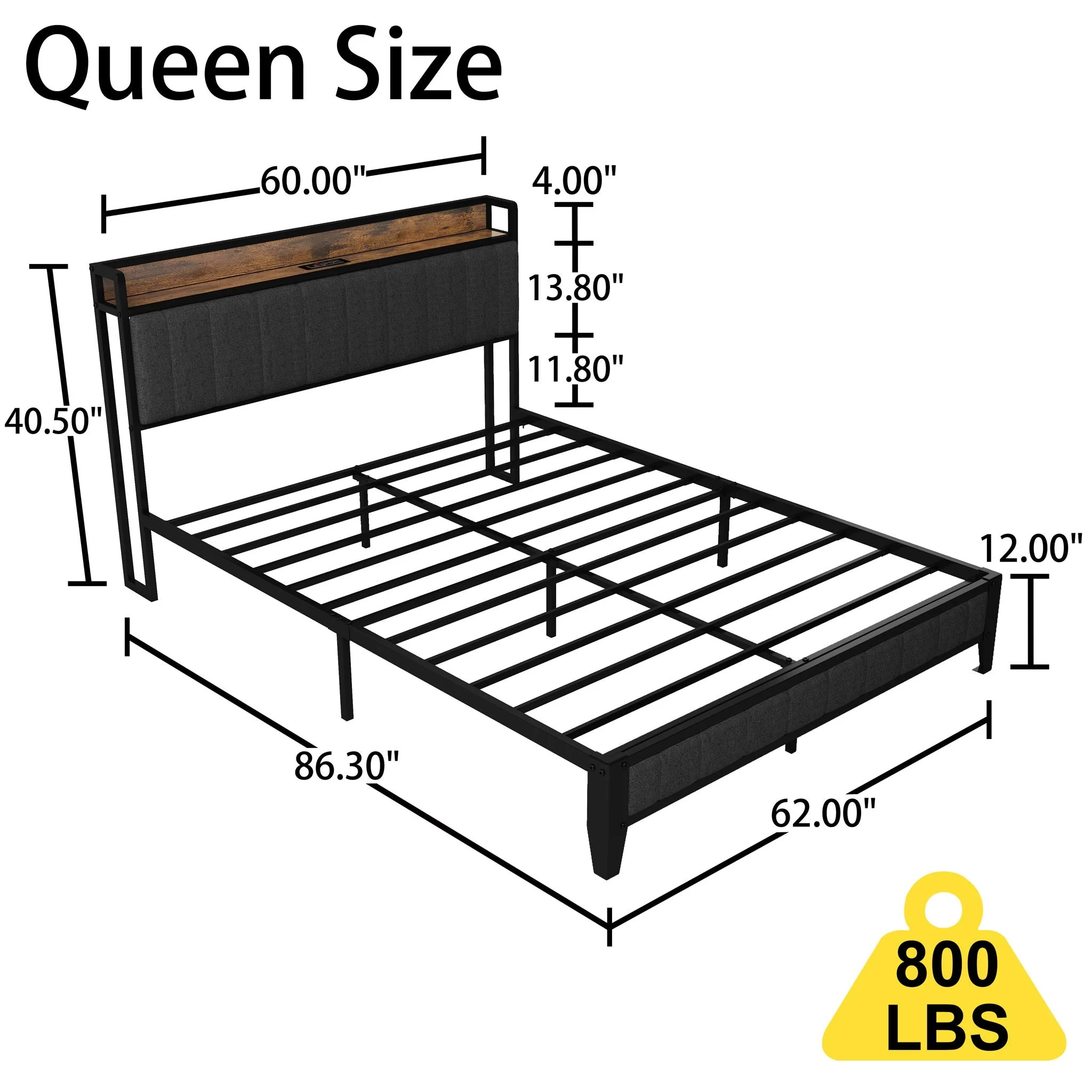 Bed With Charging Station, American Design Upholstered Headboard, Metal Platform - Image 9