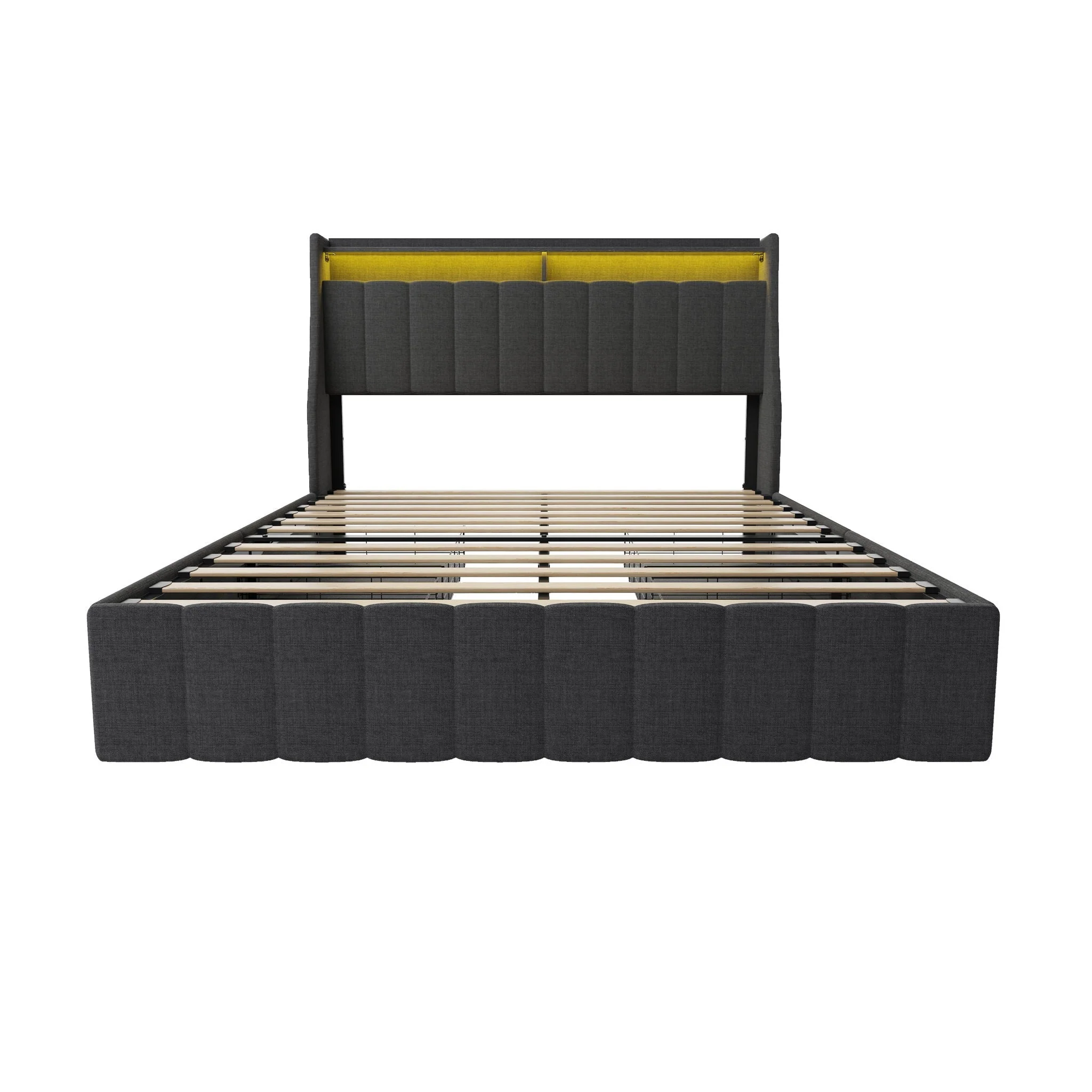 Bed With LED Lights, 4 Drawers, Winged Headboard Upholstered - Image 2