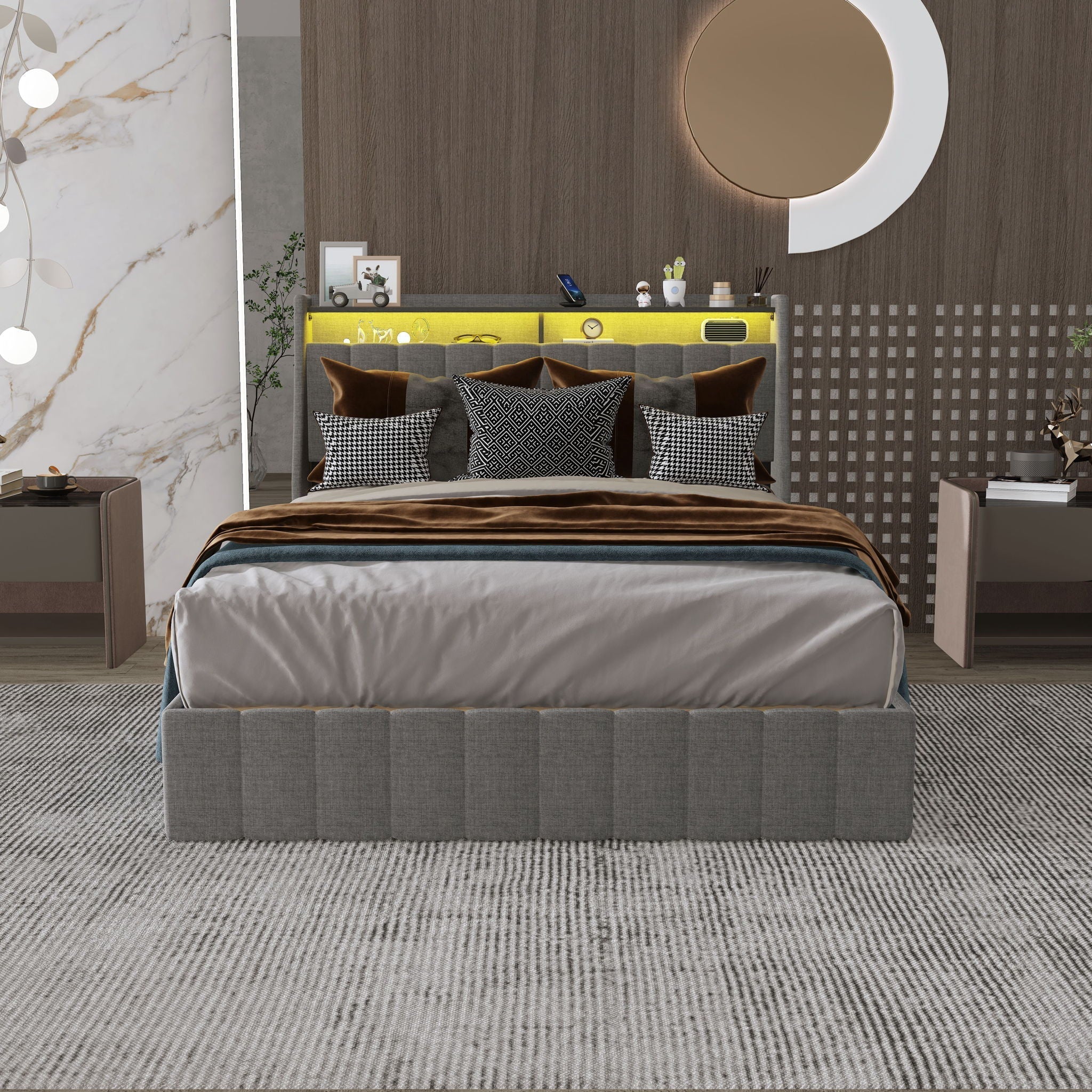 Bed With LED Lights, 4 Drawers, Winged Headboard Upholstered - Image 3