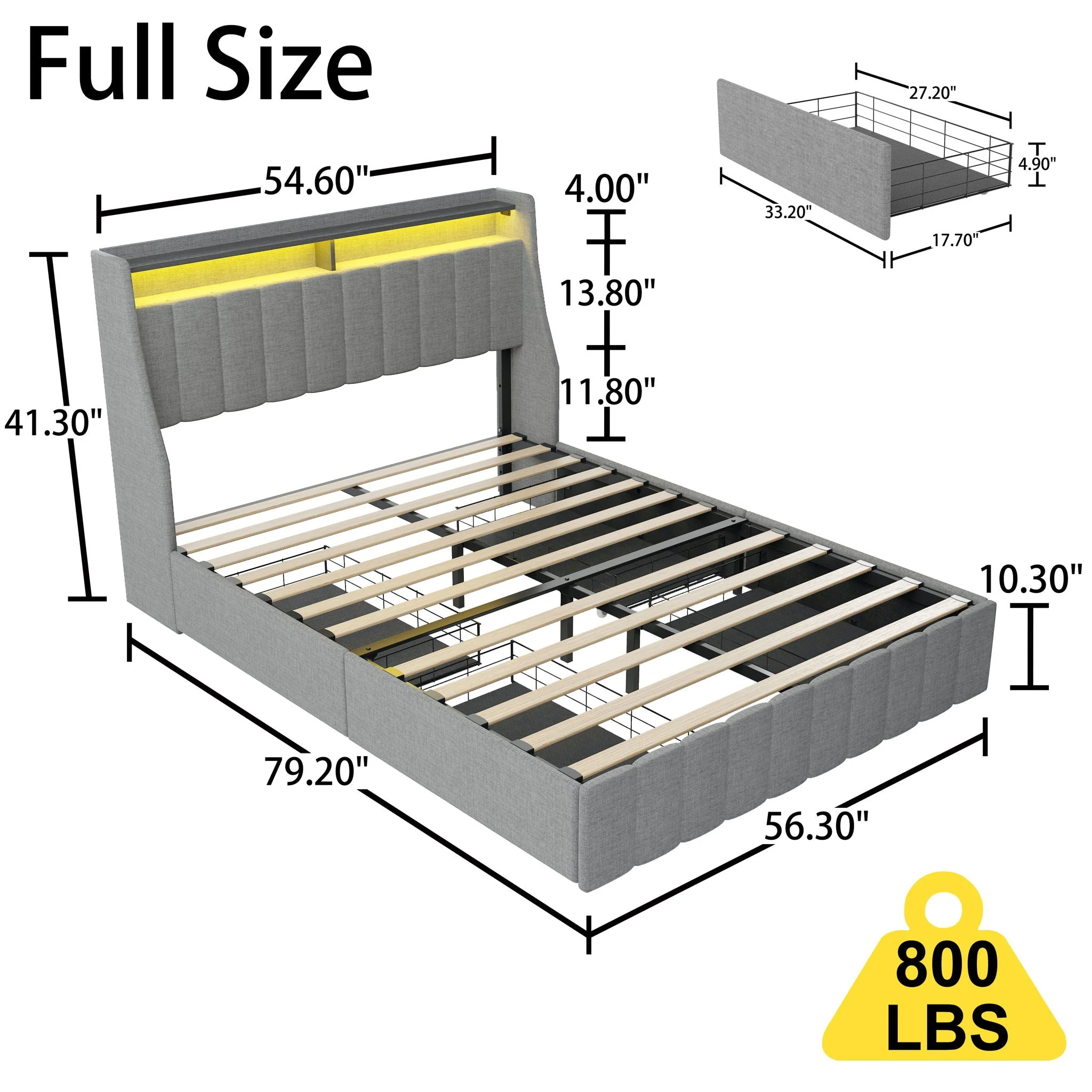 Bed With LED Lights, 4 Drawers, Winged Headboard Upholstered - Image 4