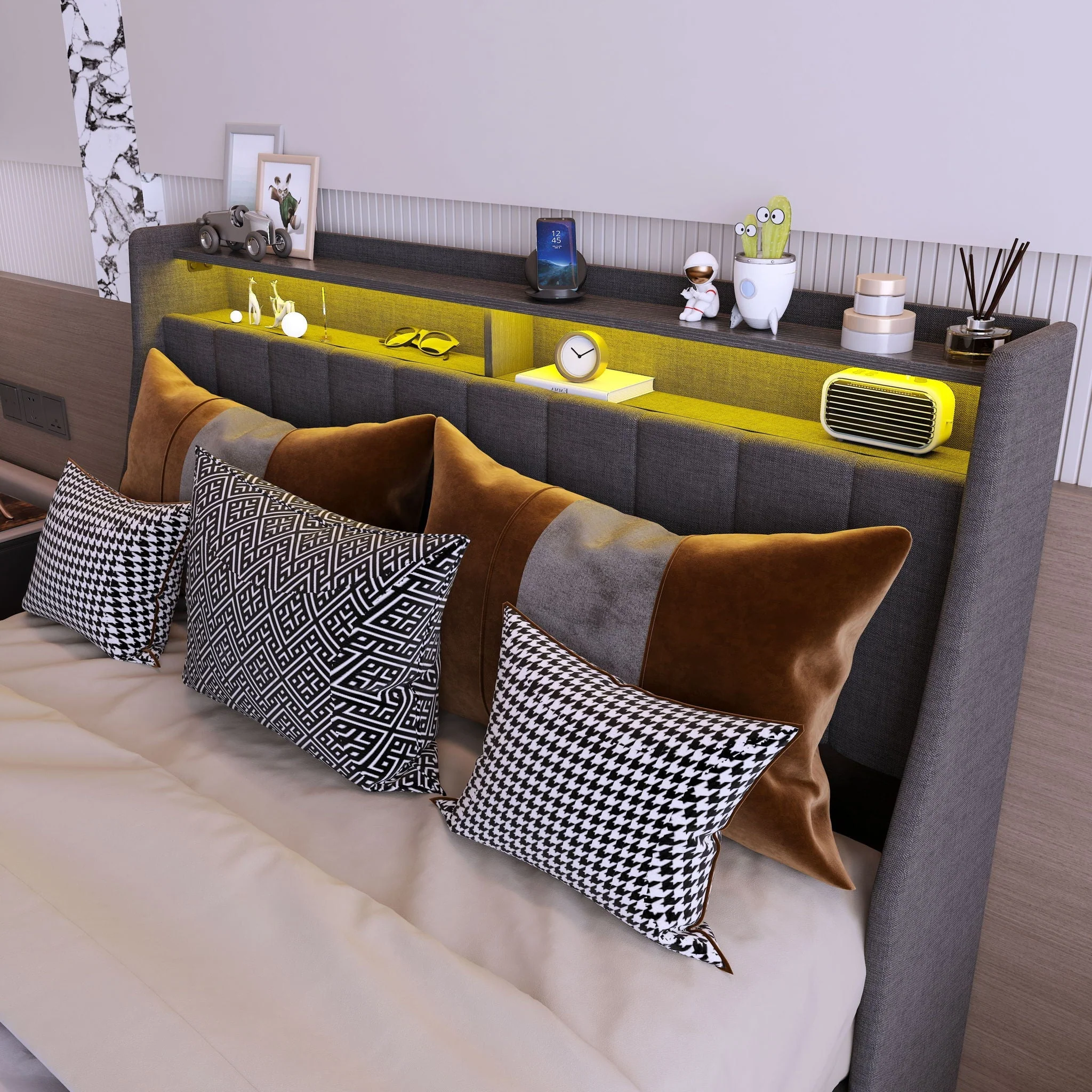 Bed With LED Lights, 4 Drawers, Winged Headboard Upholstered - Image 5