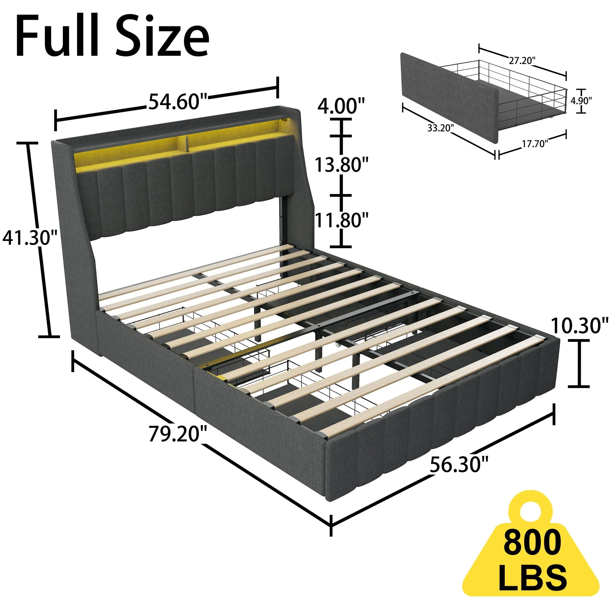 Bed With LED Lights, 4 Drawers, Winged Headboard Upholstered - Image 6