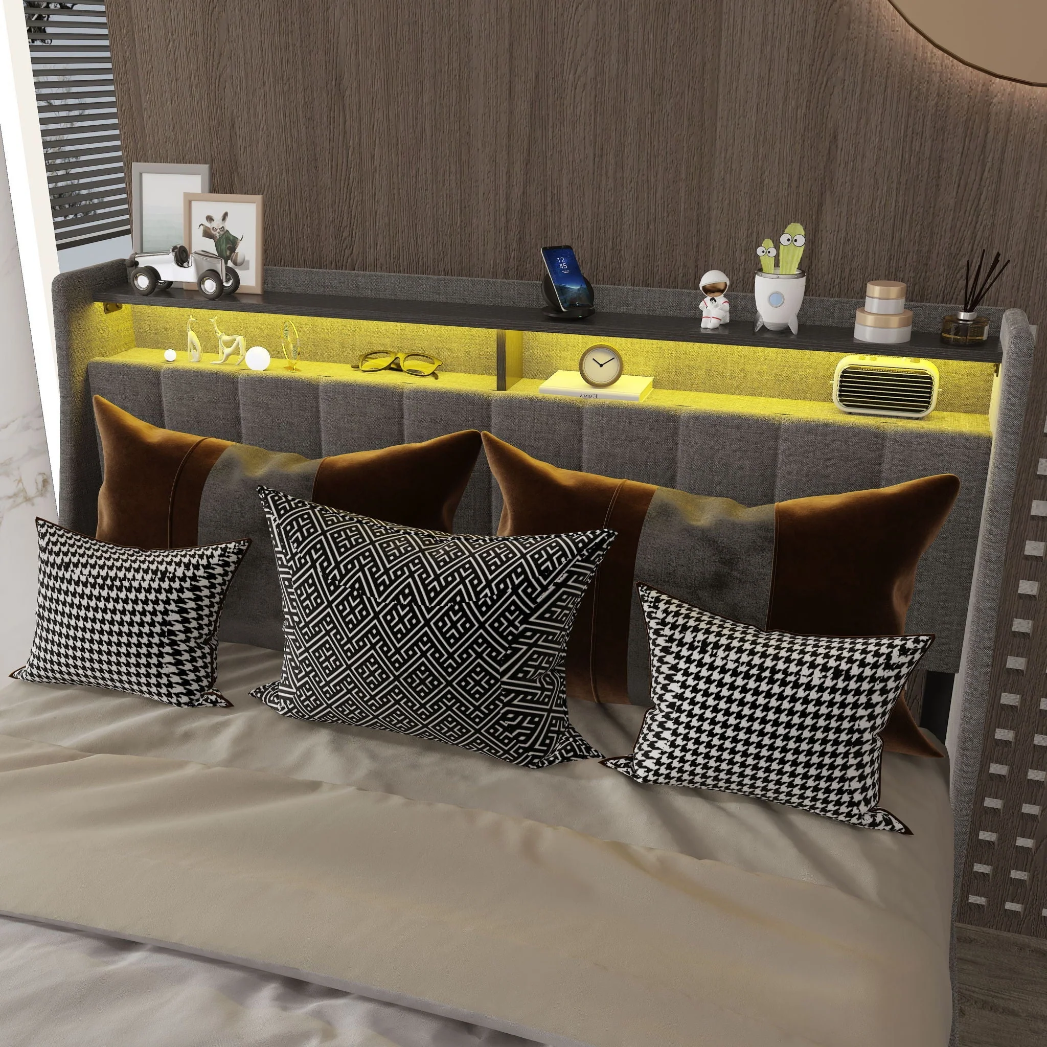 Bed With LED Lights, 4 Drawers, Winged Headboard Upholstered - Image 7